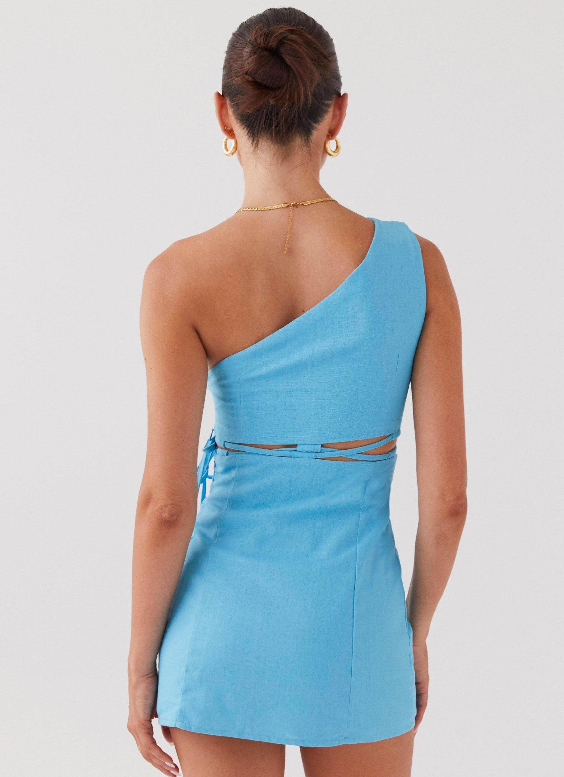 Memini One Shoulder Linen Mini Dress - Azure Product Image