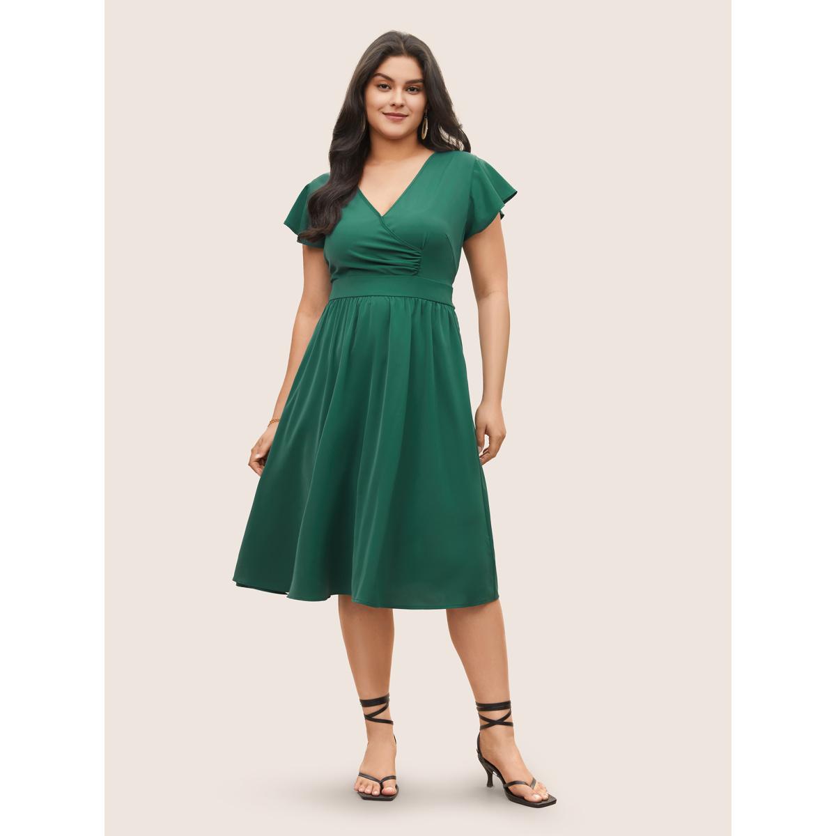 Plus Size Overlap Collar Ruffle Cap Sleeve Gathered Dress Emerald Women Elegant Non Overlap Collar Cap Sleeve Curvy Midi Dress BloomChic 14-16/1X Product Image