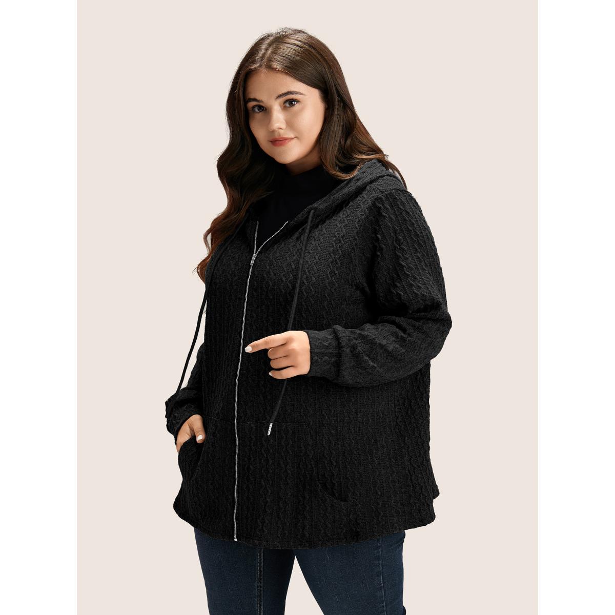 Plus Size Plain Textured Zipper Hooded Sweatshirt Women Black Casual Non Hooded Everyday Sweatshirts BloomChic 22-24/3X Product Image