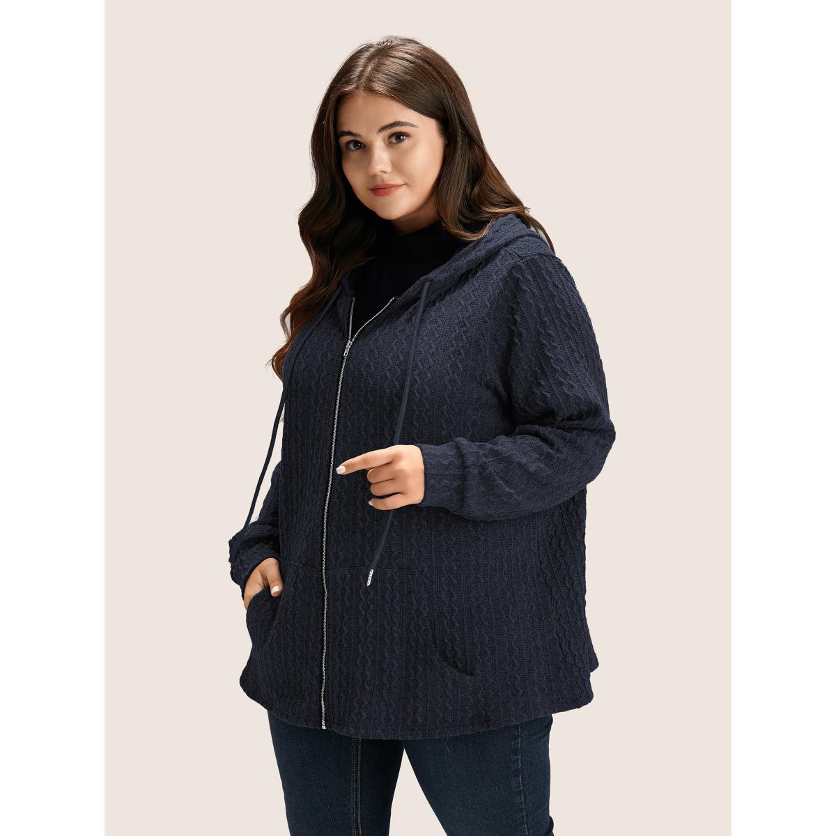 Plus Size Plain Textured Zipper Hooded Sweatshirt Women DarkBlue Casual Non Hooded Everyday Sweatshirts BloomChic 26/4X Product Image