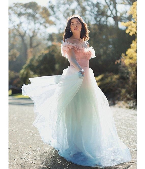 Mac Duggal Tulle Ombre Print Off-The-Shoulder Neck Short Sleeve 3D Flower Gown Product Image