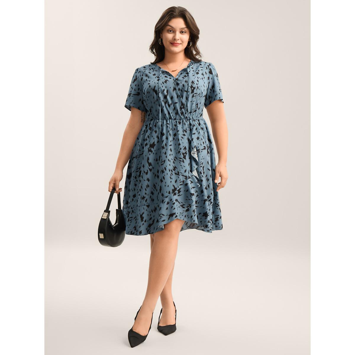 Plus Size Leopard Print Faux Wrap Ruffled Midi Dress Skyblue Women Overlap Collar Short sleeve Curvy BloomChic 26/4X Product Image