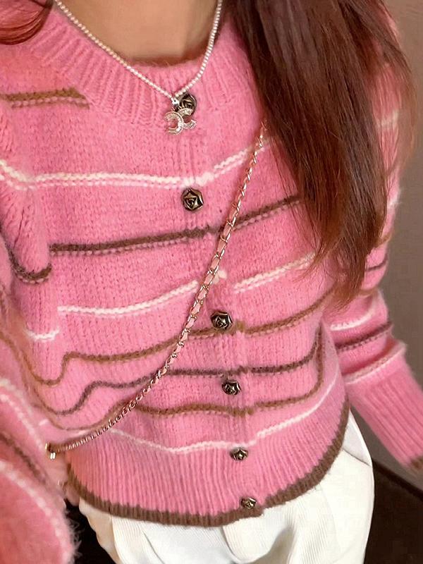 Contrast Color Striped Short Knit Cardigan Product Image