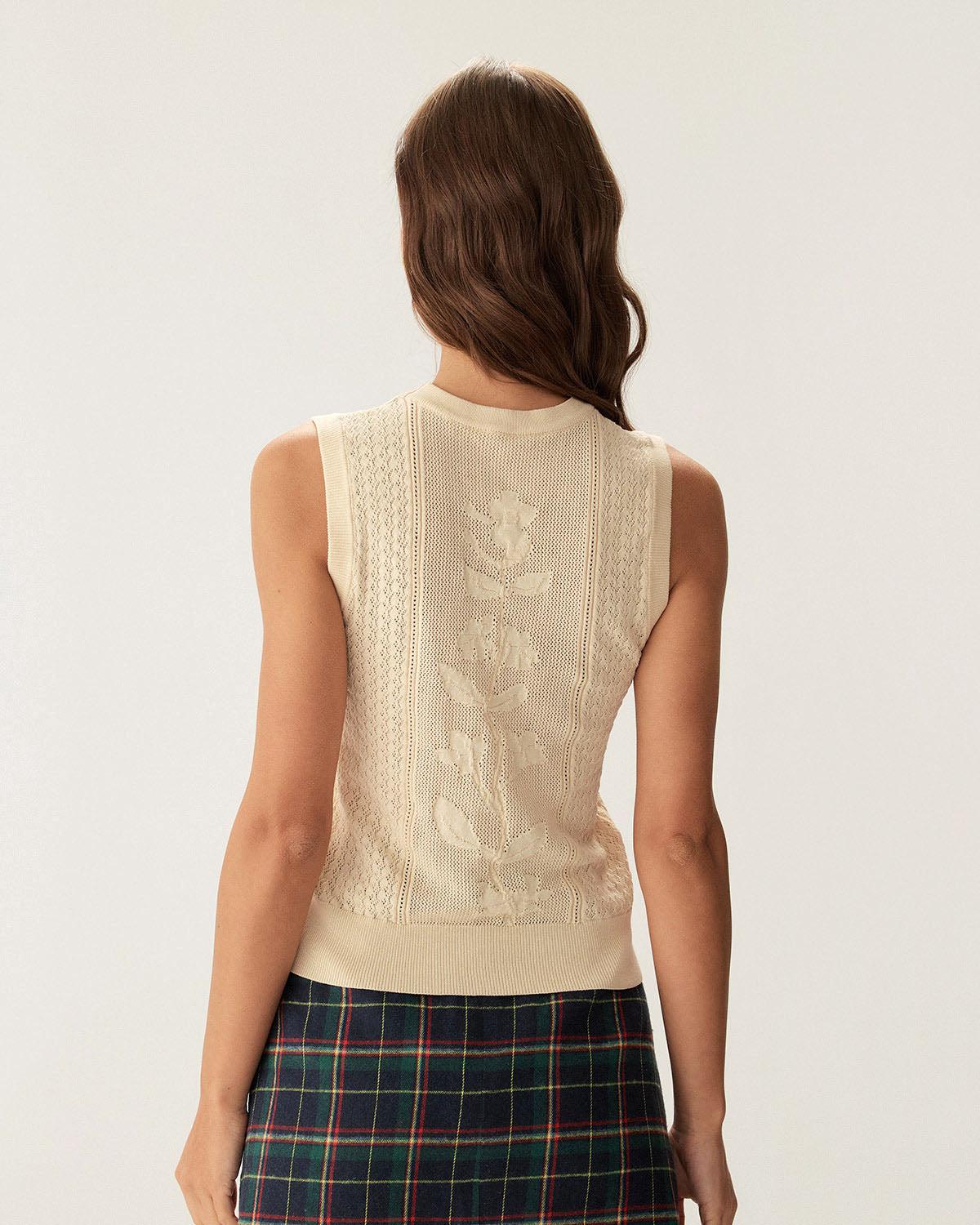 Beige Crew Neck Knit Tank Top Product Image