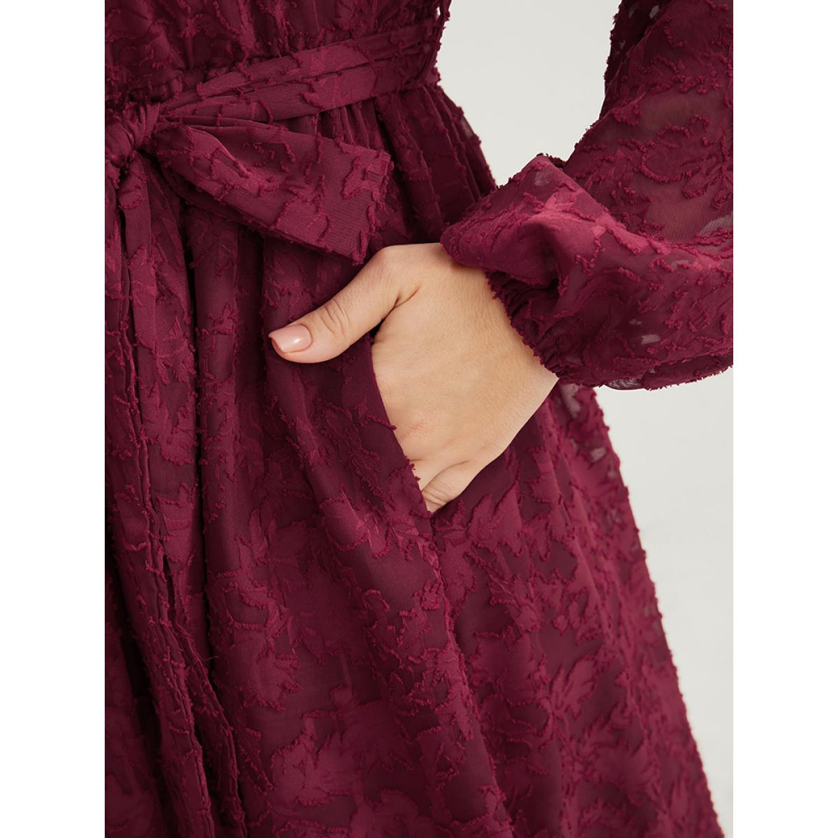 Plus Size Floral Pocket Lantern Sleeve Belted Surplice Neck Dress Scarlet Women Glamour Belted V-neck Long Sleeve Curvy Midi Dress BloomChic 22-24/3X Product Image
