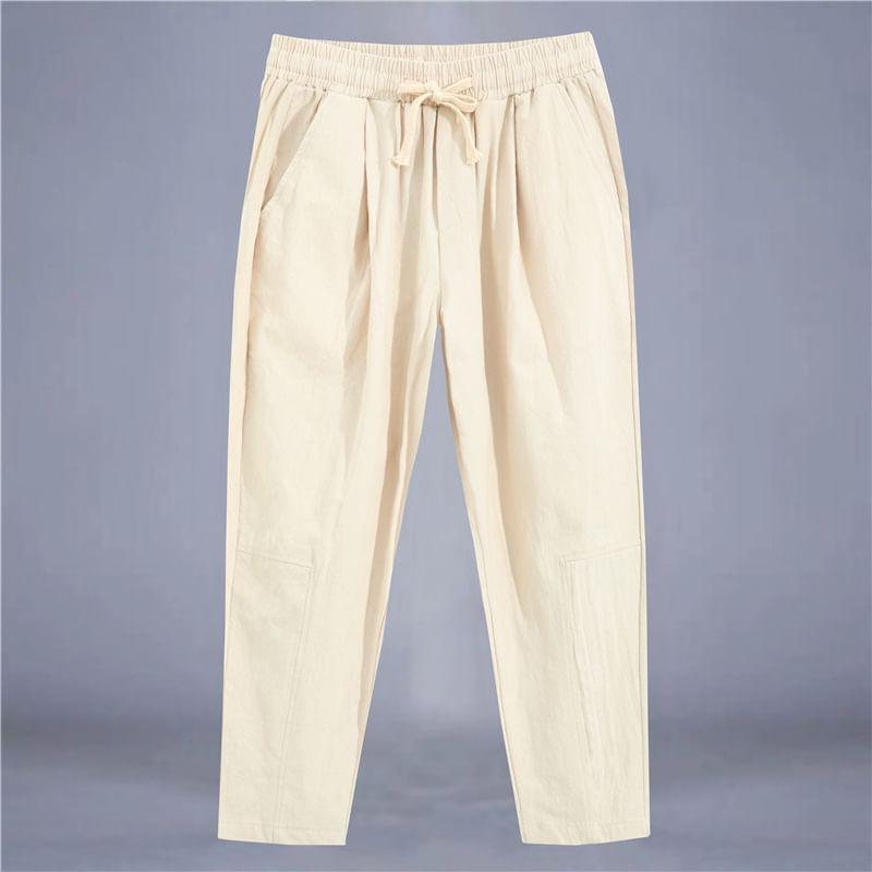 Drawstring Waist Plain Cropped Tapered Pants Product Image
