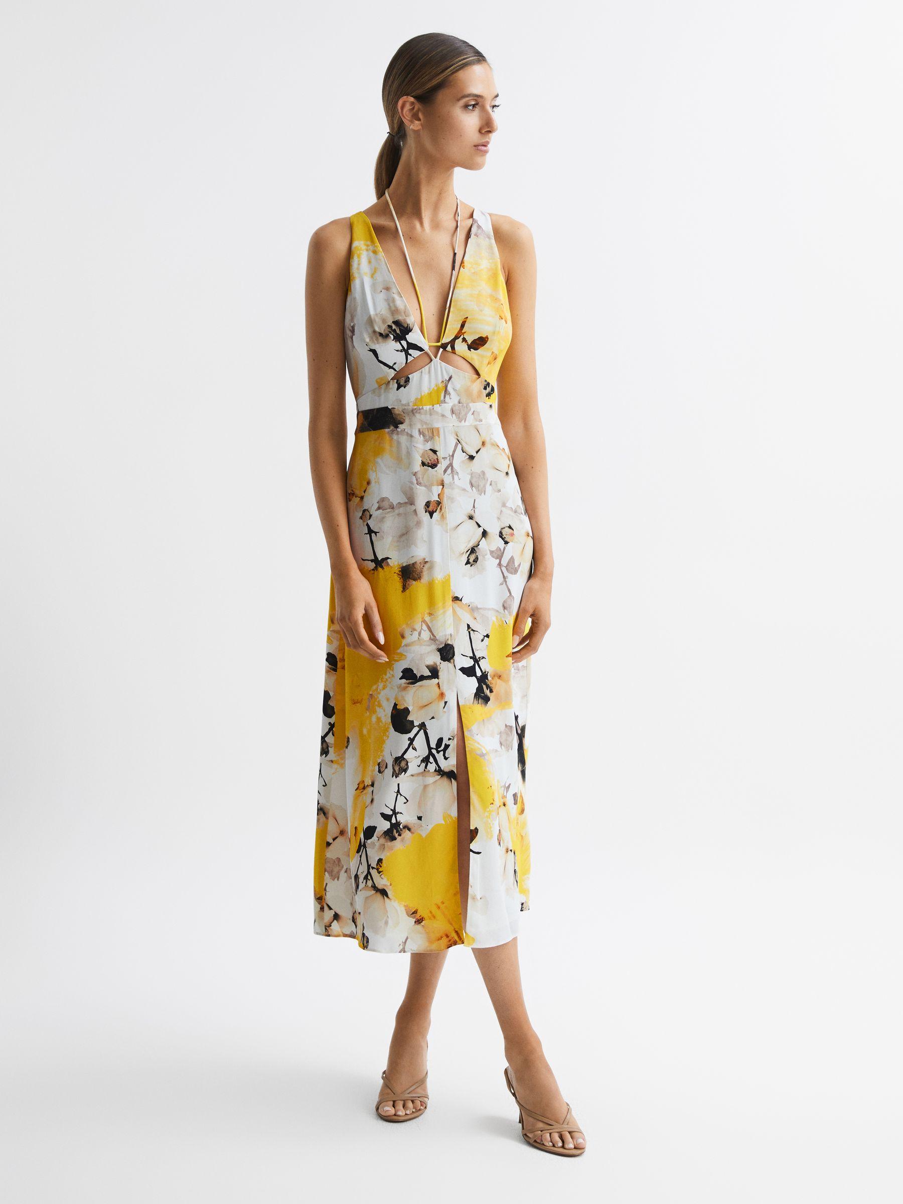 Fitted Floral Print Midi Dress in Yellow Product Image