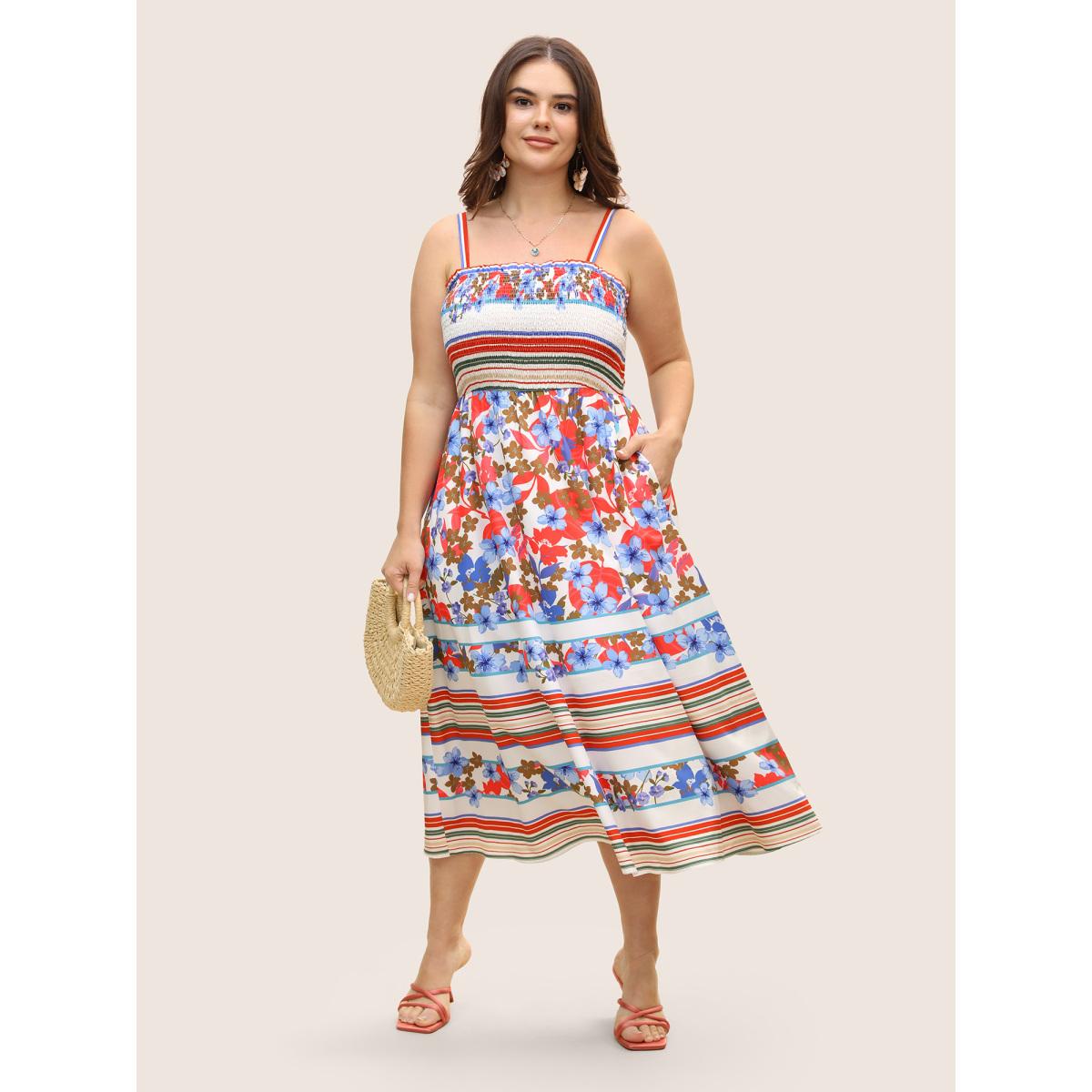 Plus Size Floral Print Shirred Cami Midi Dress Originalwhite Women Resort Square Neck Sleeveless Curvy BloomChic 28/5X Product Image