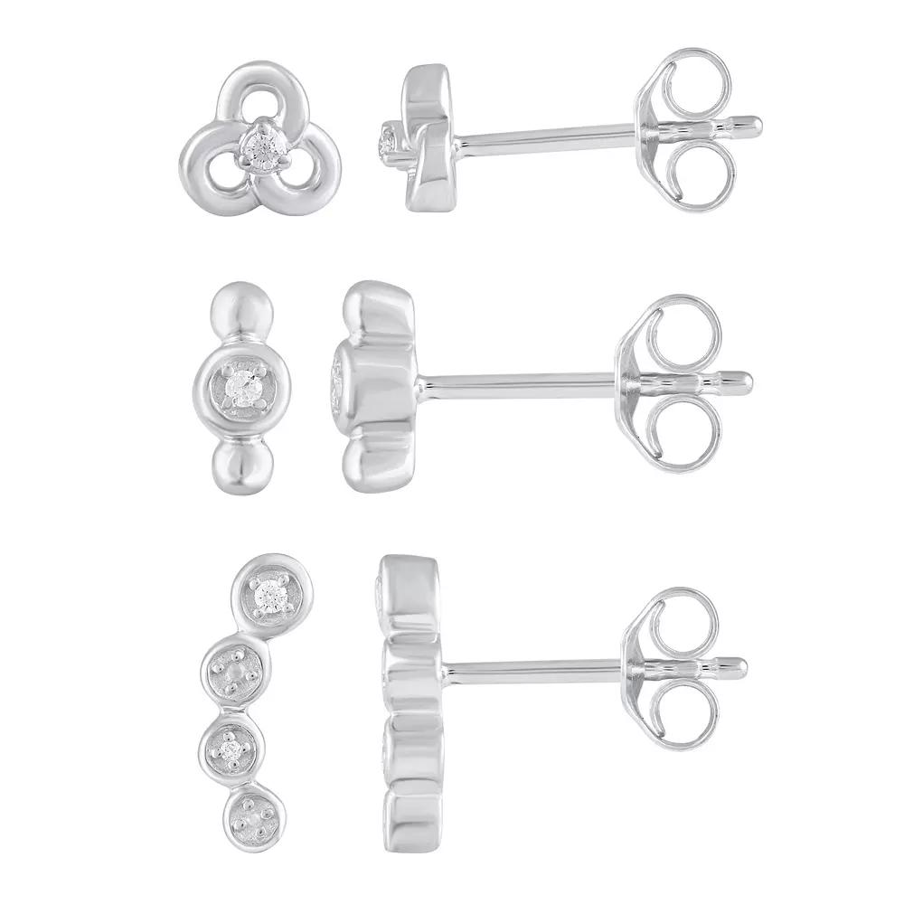 Royal Aura 3 Pair Sterling Silver 1/10 Carat T.W. Diamond Stud Earrings, Women's Product Image