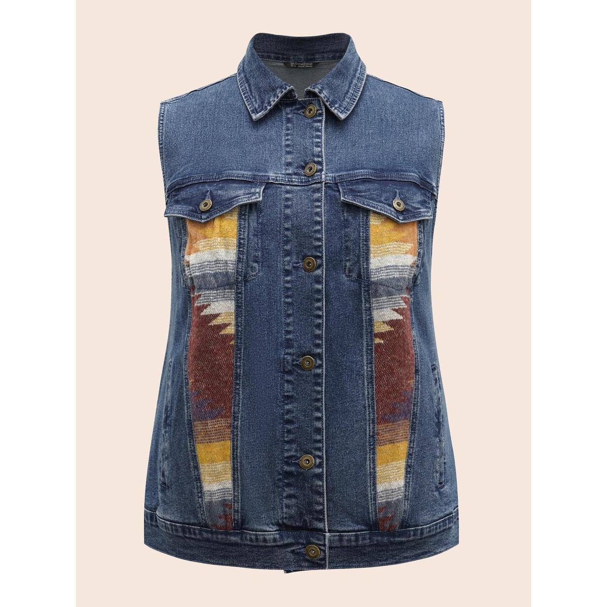 Women Stretch Denim Geometric Spilcing Pocket Jacket Midblue Plus Size Contrast Casual Slanted pocket Leisure Denim Jackets BloomChic 22-24/3X Product Image