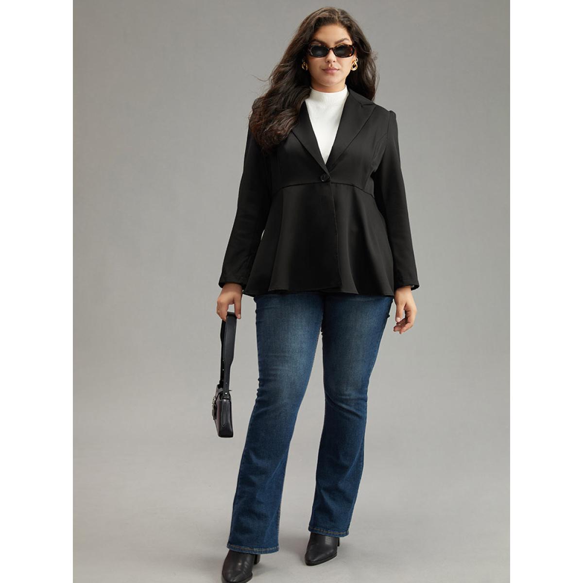 Plus Size Plain Button Up Ruffles Blazer Black Women Work Plain Plain Sleeve Long Sleeve Suit Collar 10/M Office Blazers BloomChic Product Image