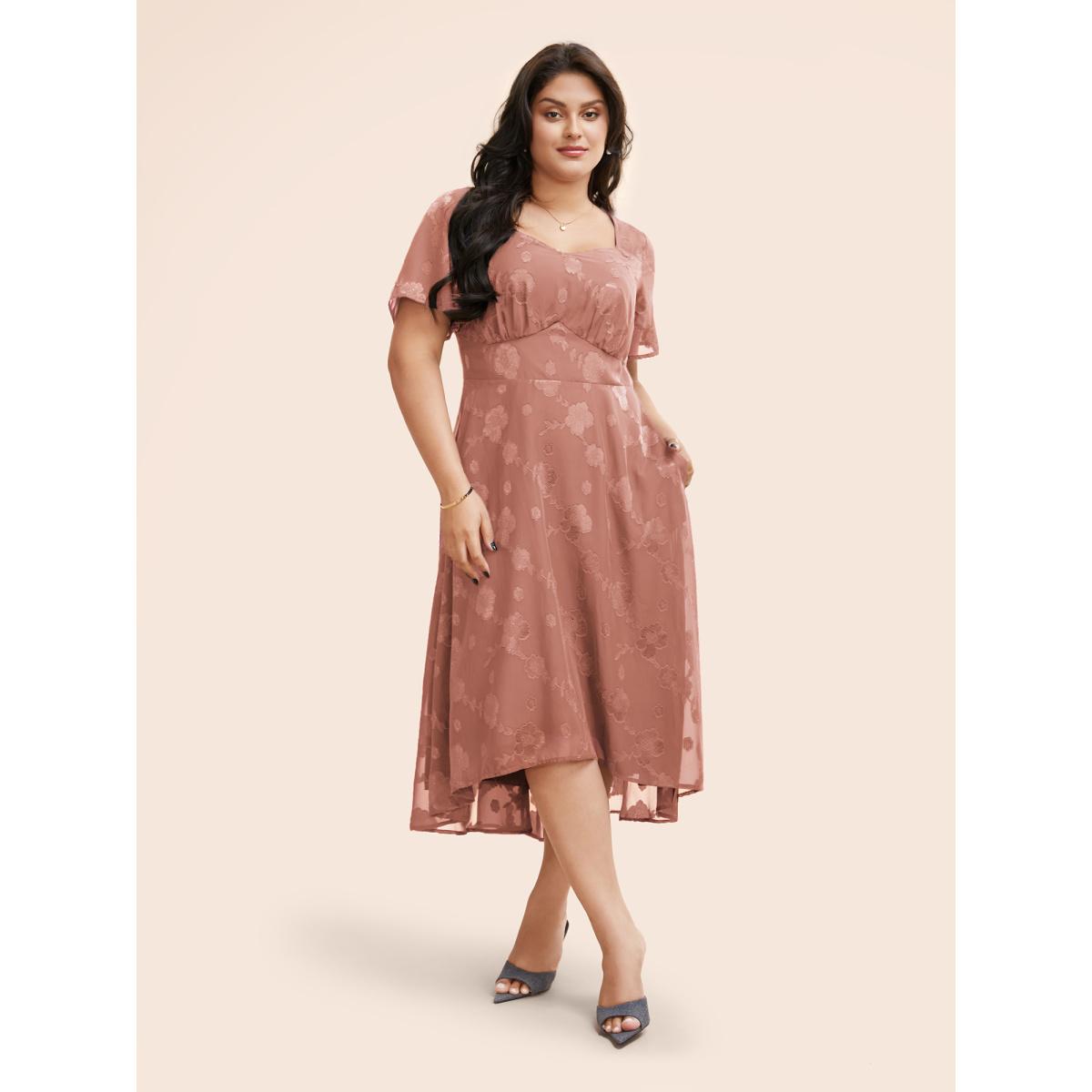 Plus Size Heart Neck Floral Mesh Textured Dress Crepe Women Elegant Texture Heart neckline Short sleeve Curvy BloomChic 22-24/3X Product Image