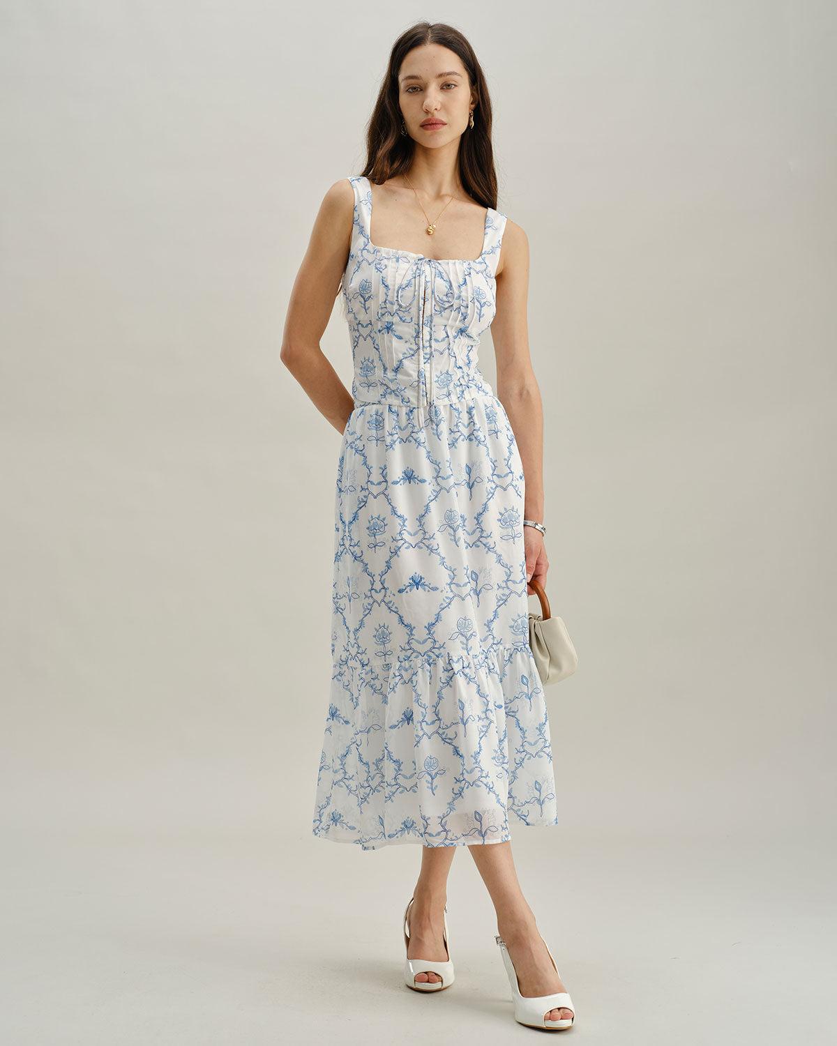 White Floral Tiered Midi Skirt Product Image