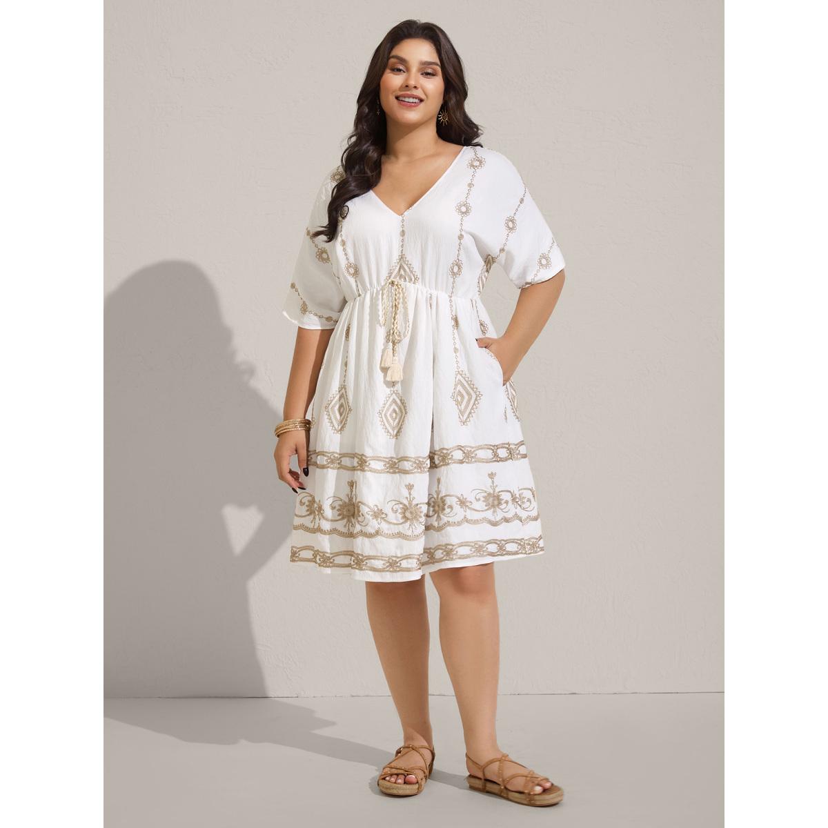 Plus Size Boho Embroidered Waist Tie Midi Dress Beige Women Boho V-neck Sleeveless Curvy BloomChic 22-24/3X Product Image