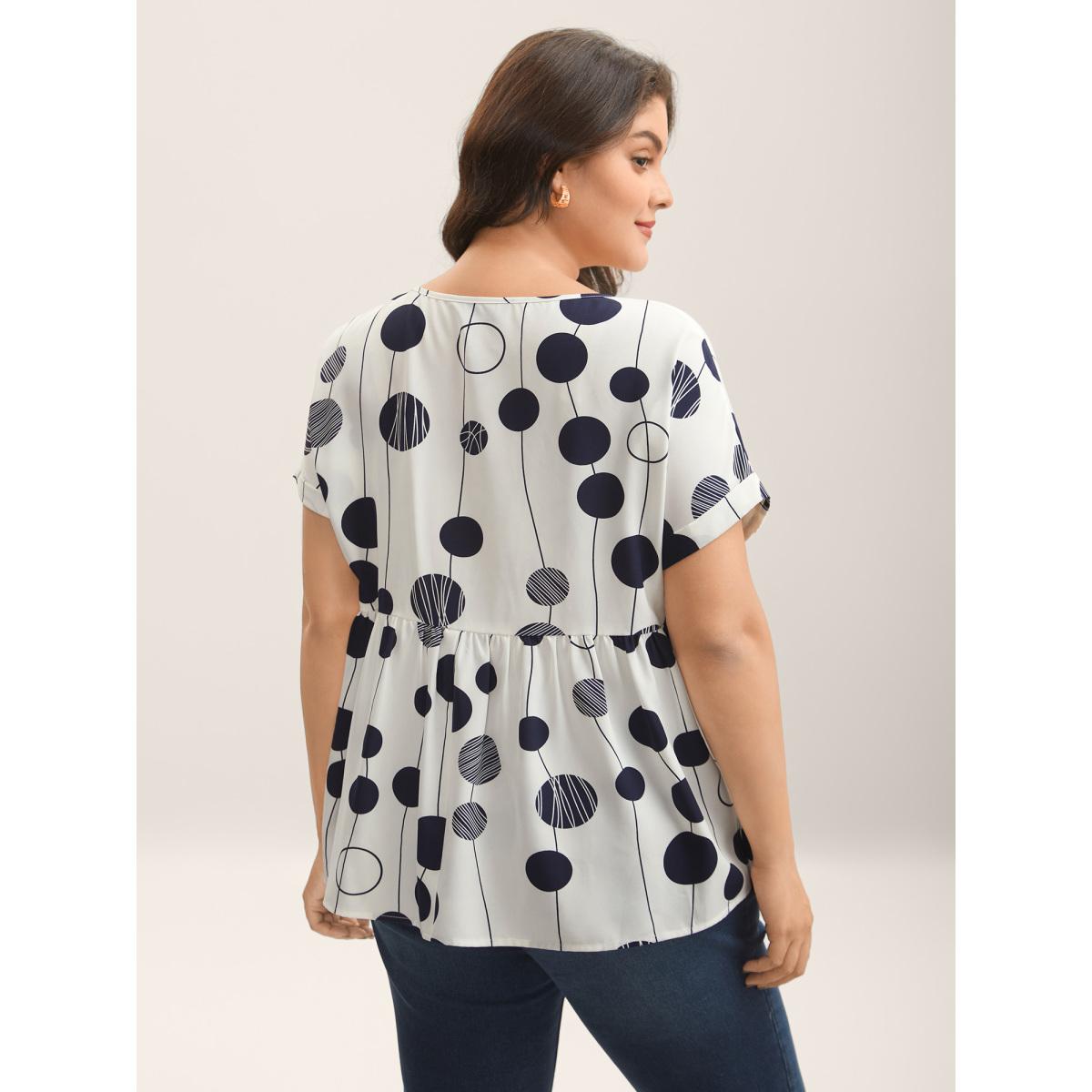 Plus Size Indigo Polka Dots Print Dolman Sleeve Babydoll Top Women Short sleeve Round Neck Work Blouses BloomChic 12/L Product Image