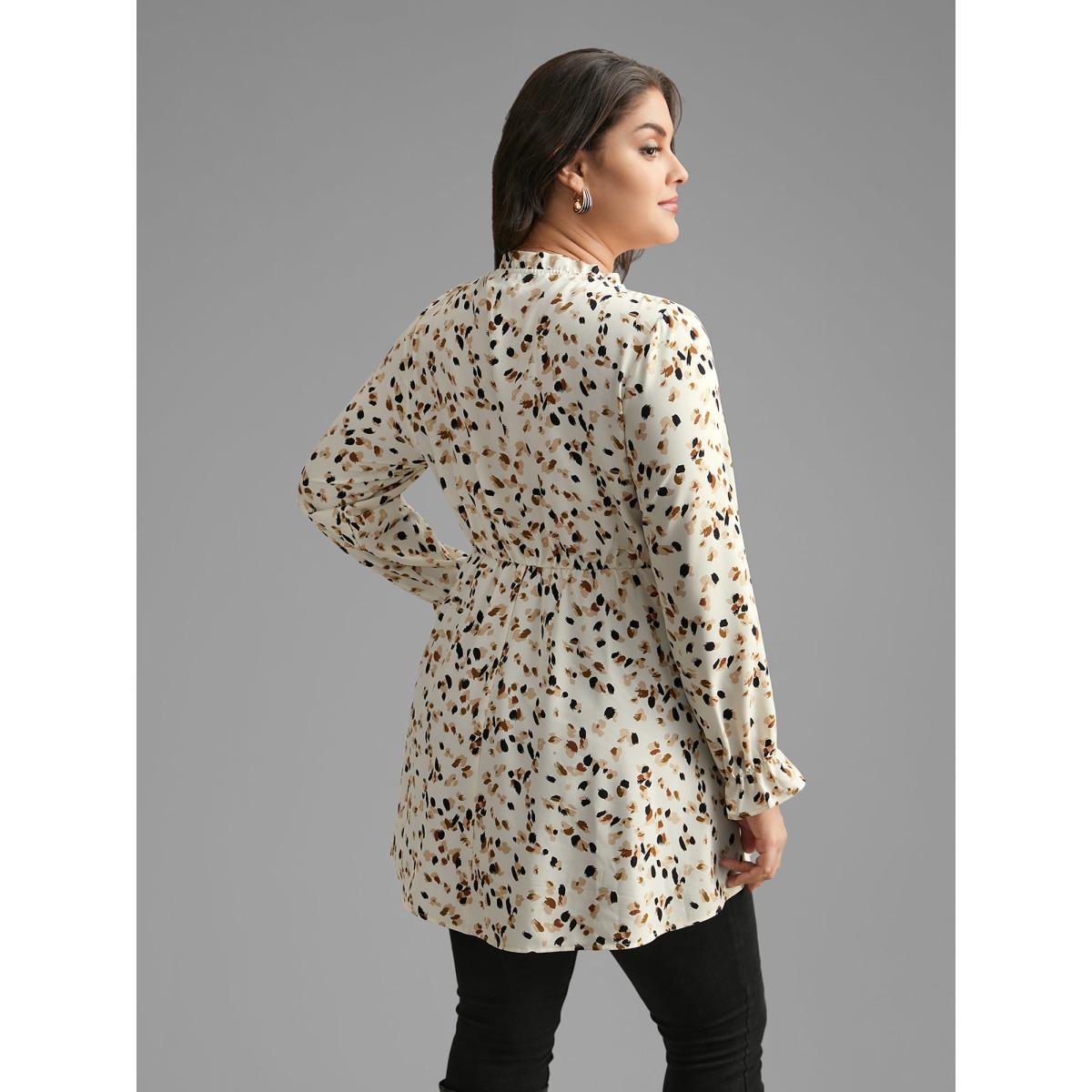 Plus Size Beige Color Leopard Print Frill Trim Blouse Women Elegant Long Sleeve Round Neck Everyday Blouses BloomChic 12/L Product Image