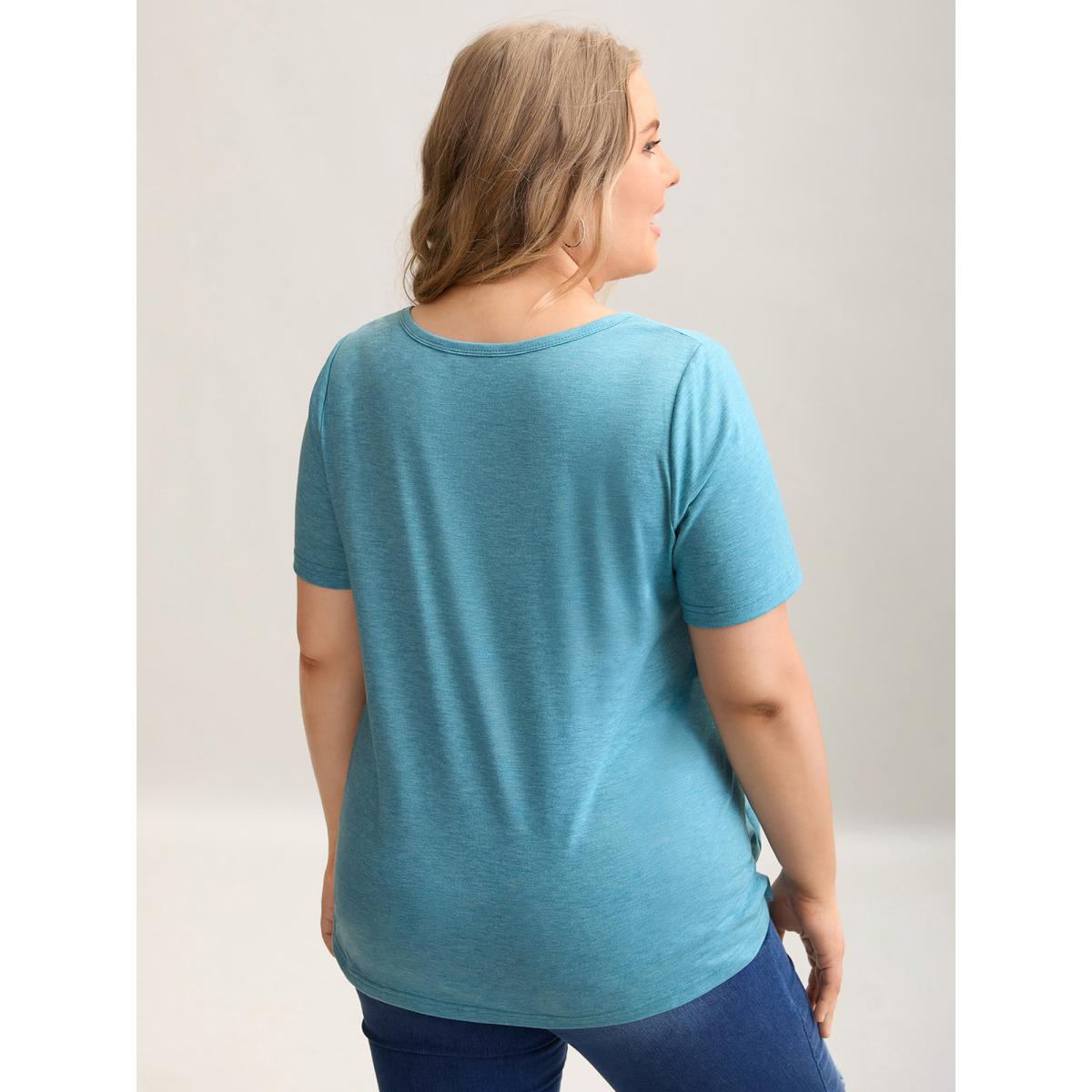 Plus Size Heathered Split Neck Curvy-Fit T-Shirt Teal Women Casual Pleated Notched collar Everyday T-shirts BloomChic 22-24/3X Product Image
