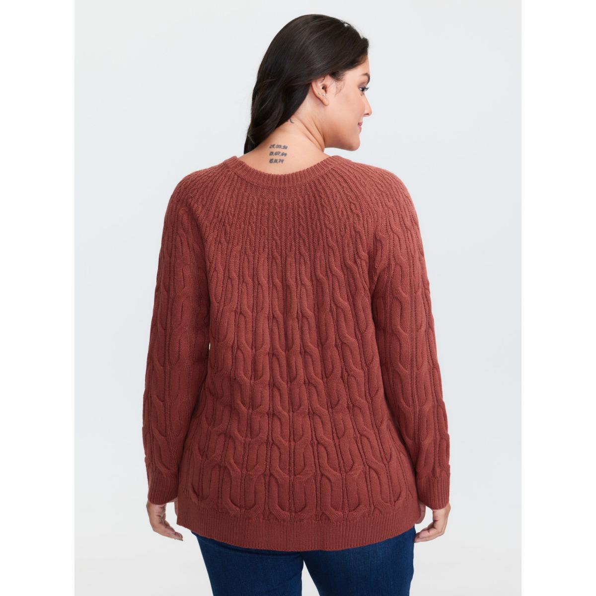 Plus Size Crew Neck Cable Knit Pullover Rust Women Leisure Loose Long Sleeve Round Neck Casual Pullovers BloomChic 18-20/2X Product Image