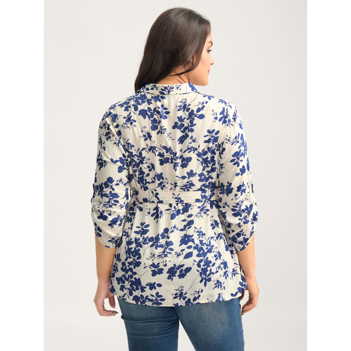 Plus Size DarkBlue Floral Print Waist-Tie Button Blouse Women Elbow-length sleeve Shirt collar Work Blouses BloomChic 18-20/2X Product Image
