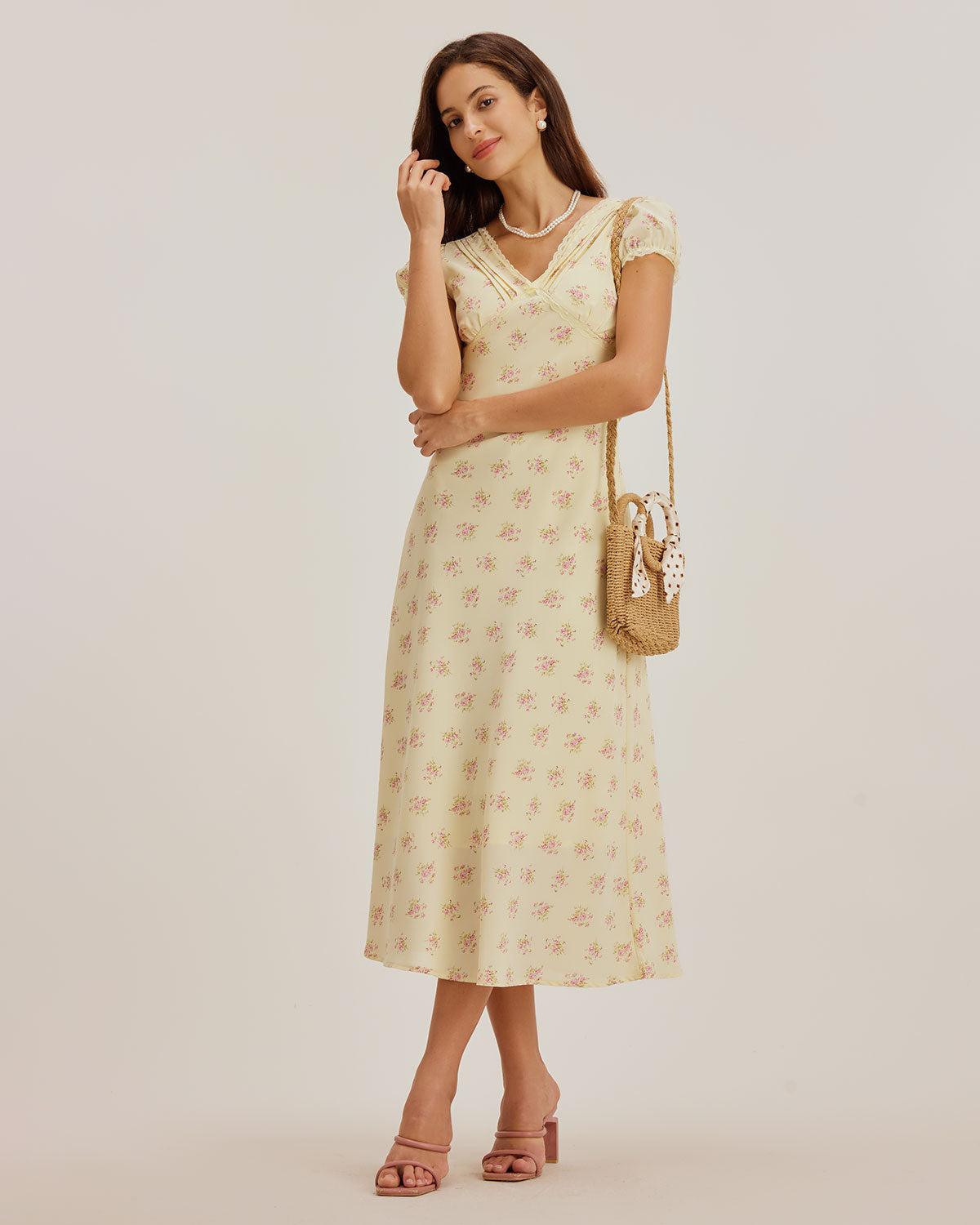 Yellow Floral V Neck Puffed Sleeve Maxi Dress Product Image