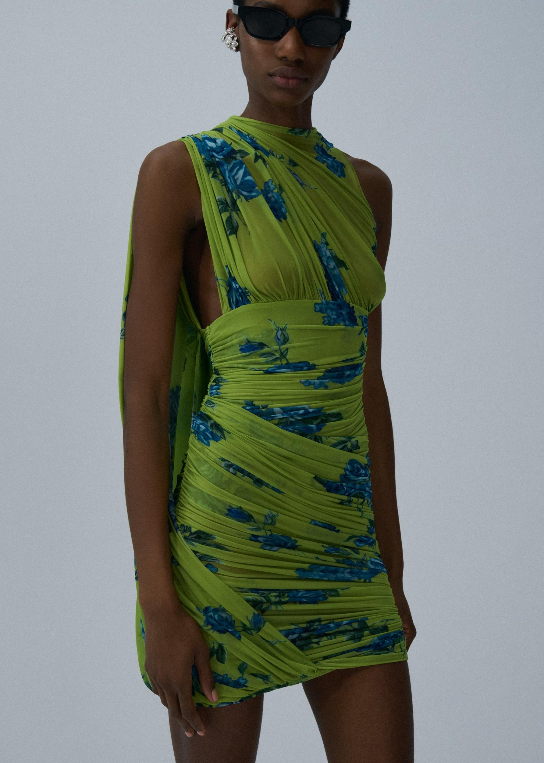 Sheer draped mini dress in green print Product Image