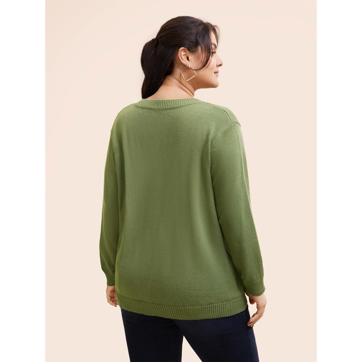 Plus Size V Neck Stereo Flower Design Pullover Moss Women Casual Long Sleeve V-neck Everyday Pullovers BloomChic 12/L Product Image