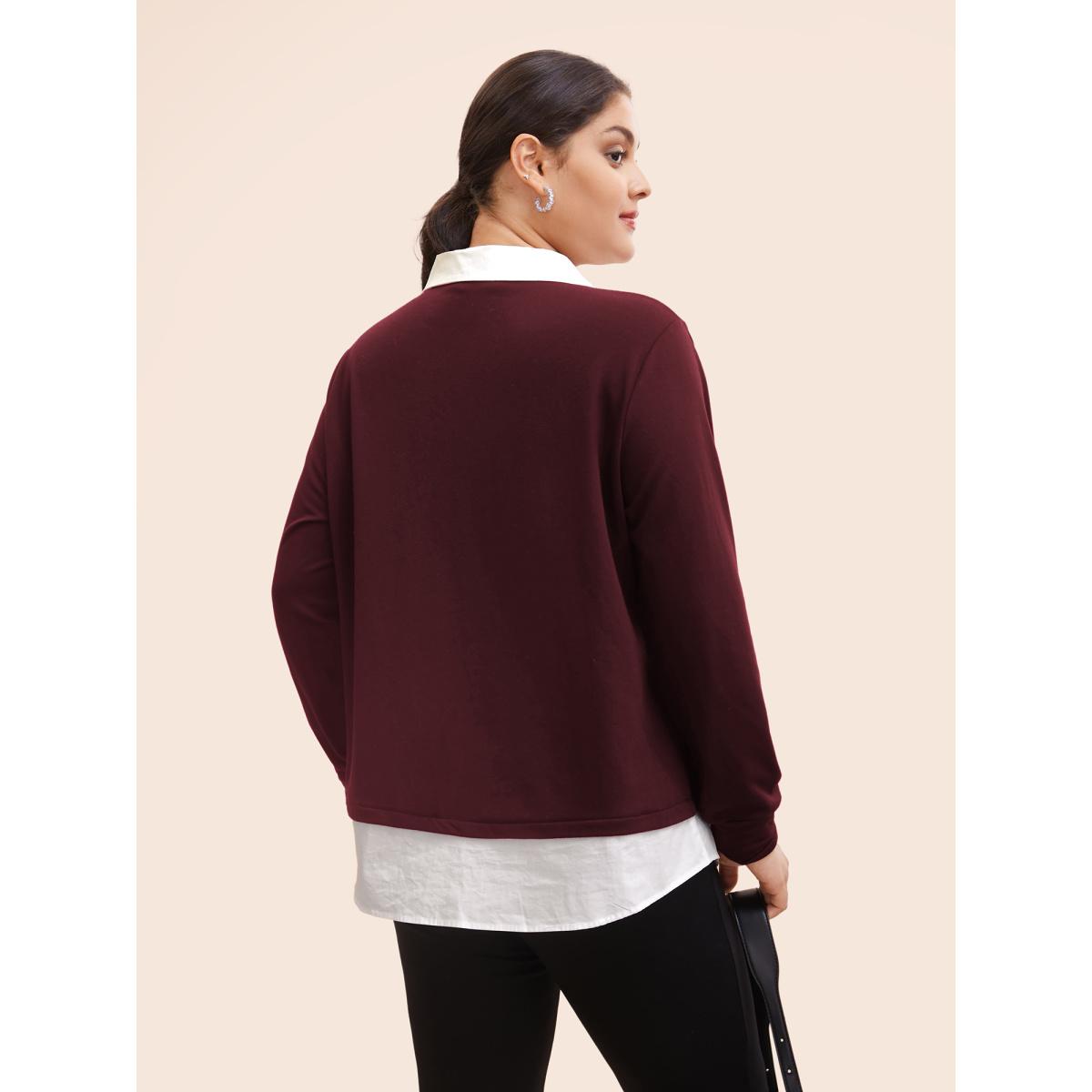 Plus Size 2-In-1 Shirt Collar Contrast Patchwork Sweatshirt Women Burgundy Work From Home Contrast Shirt collar Work Sweatshirts BloomChic 26/4X Product Image