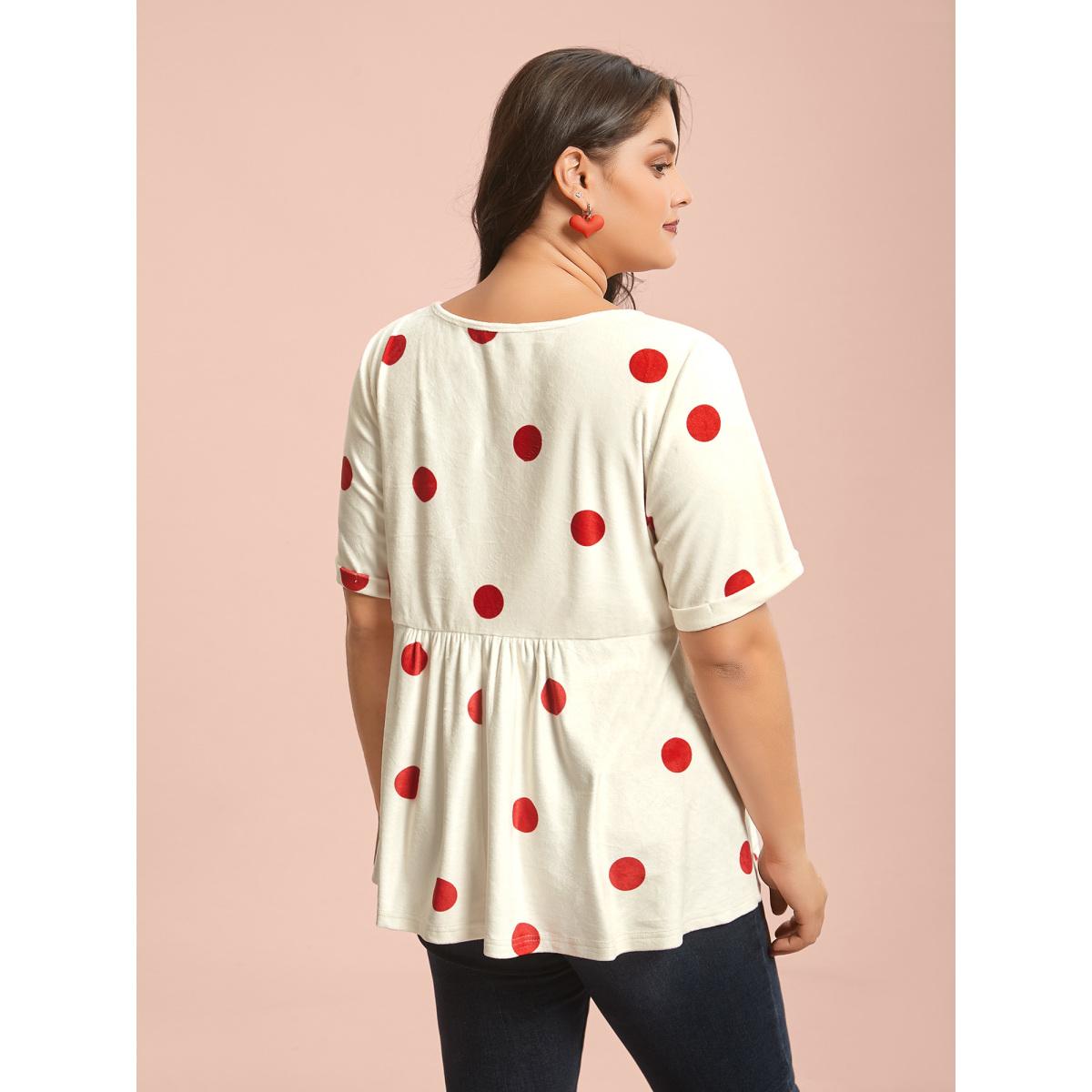 Plus Size Mink Velvet Polka Dots Contrast T-Shirt Beige Women Casual Gathered V-neck Bodycon Everyday T-shirts BloomChic 14-16/1X Product Image