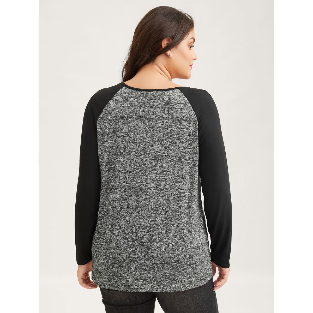 Plus Size Heather Patchwork Button Detail Stretchy T-Shirt DarkGray Women Casual Contrast Flat collar with V-notch Everyday T-shirts BloomChic 22-24/3X Product Image