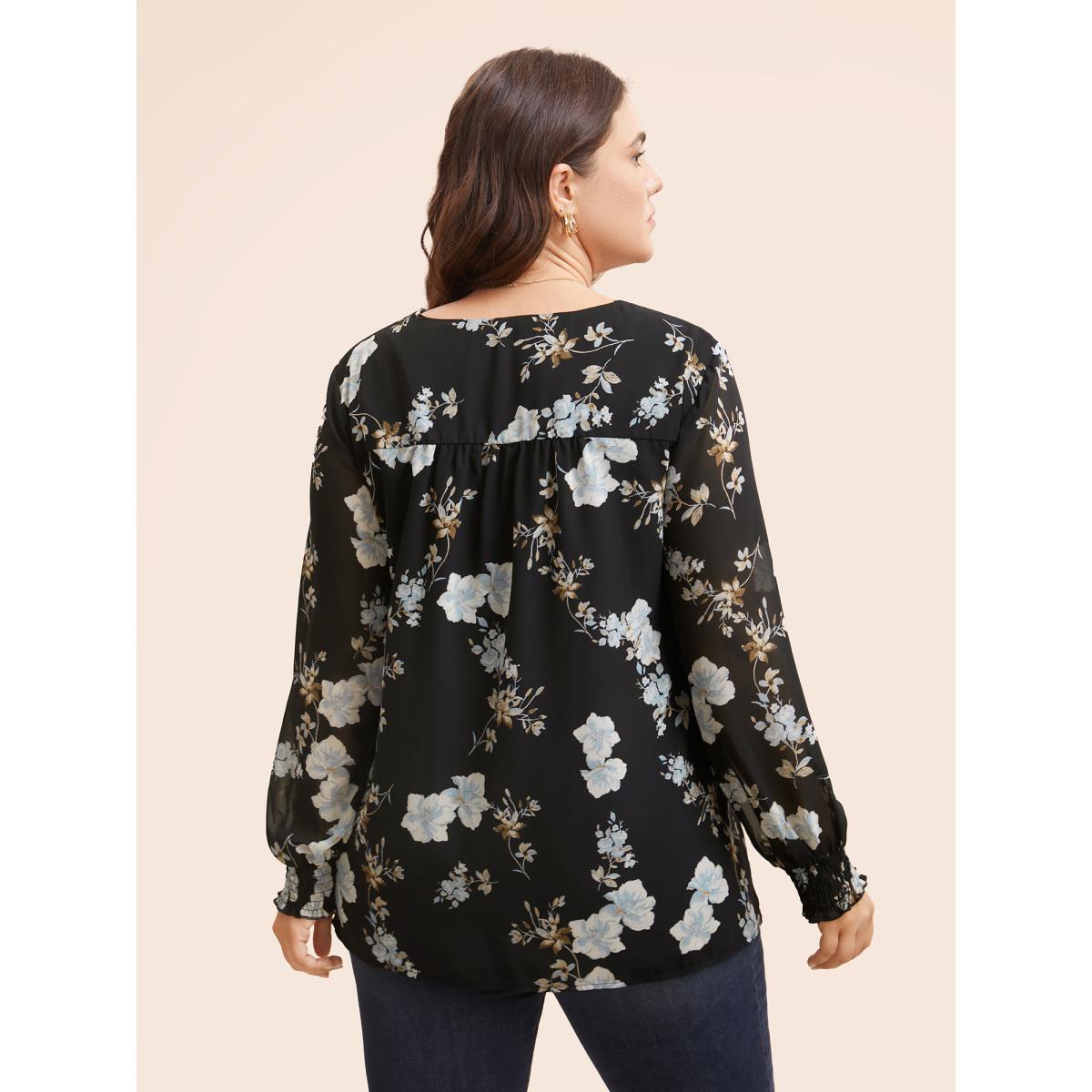 Plus Size Black Floral Chiffon Shirred Lantern Sleeve Blouse Women Elegant Long Sleeve V-neck Everyday Blouses BloomChic 30/6X Product Image