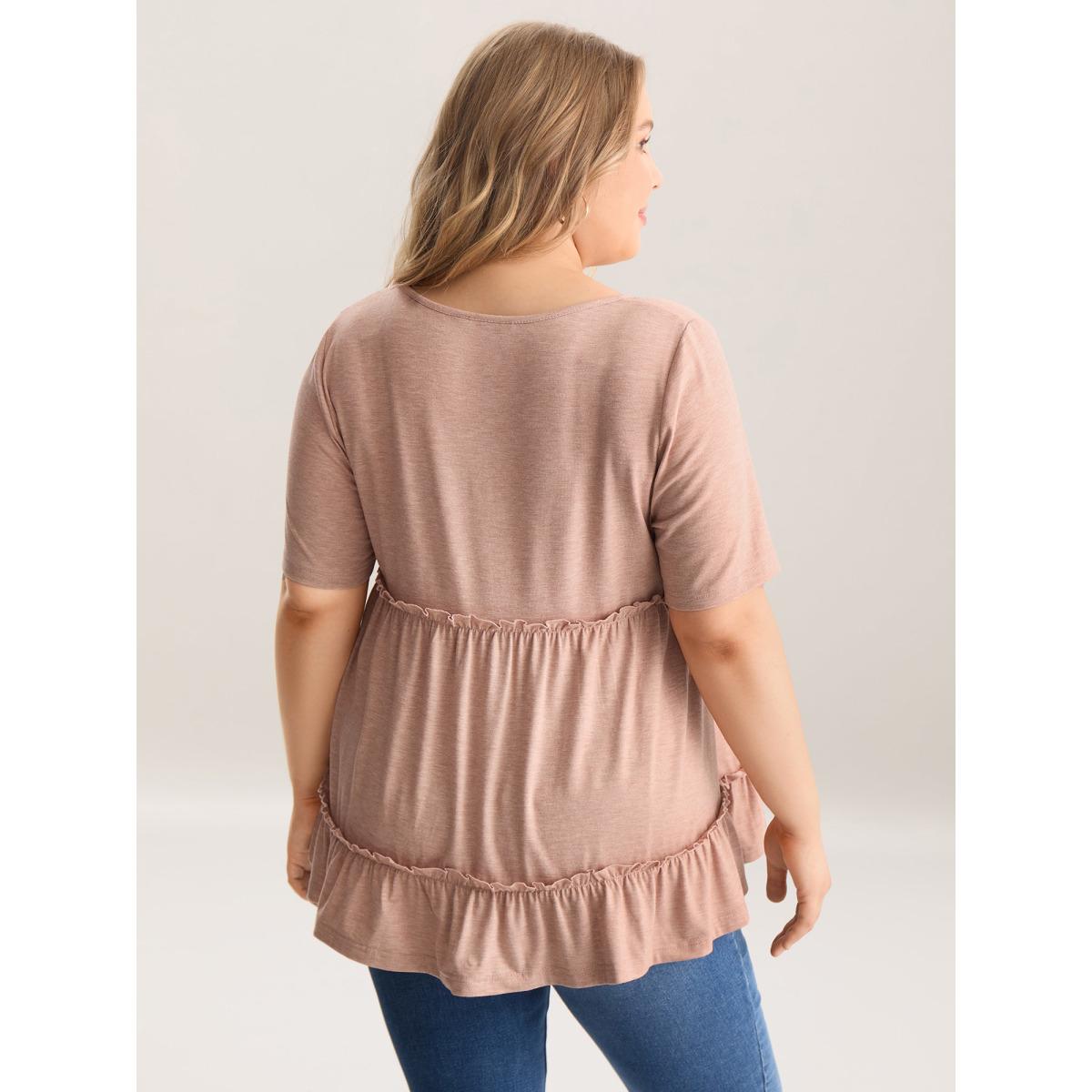 Plus Size Petal Trim Ruffled Hem Tiered T-Shirt Dirtypink Women Gathered V-neck Everyday-Casual T-shirts BloomChic 12/L Product Image