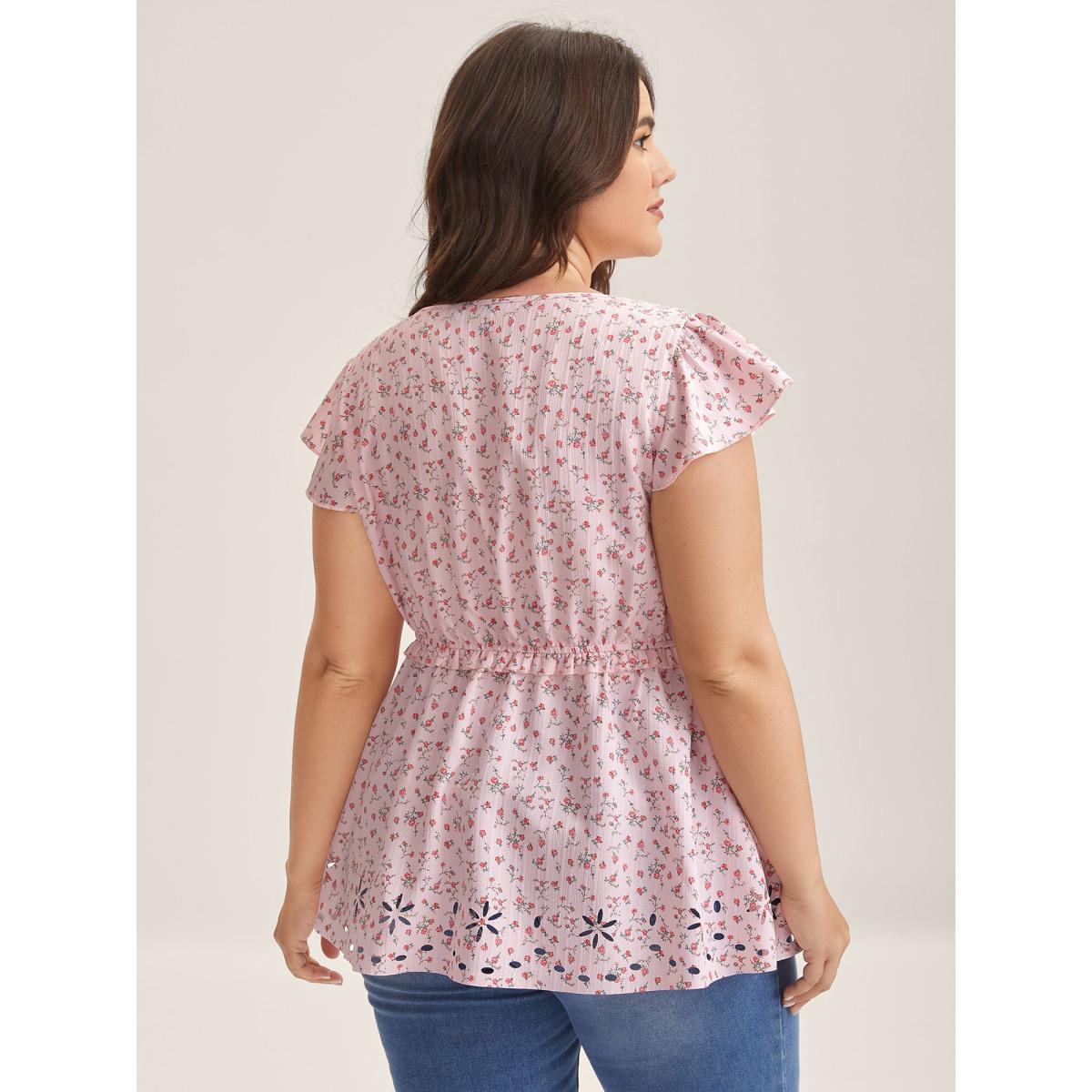 Plus Size Lightpink Shirred Laser Cut Hem Floral Blouse Women Cap Sleeve V-neck Everyday-Elegant Blouses BloomChic 12/L Product Image