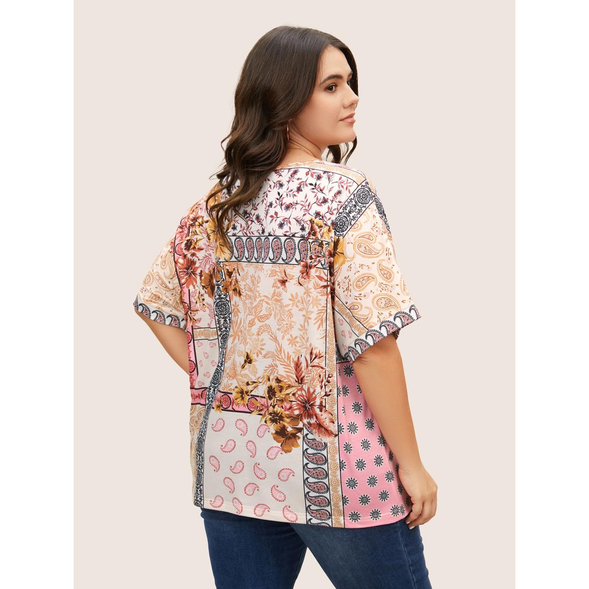 Plus Size Round Neck Boho Print Patchwork T-shirt Multicolor Women Casual Contrast Art&design Round Neck Everyday T-shirts BloomChic 10/M Product Image