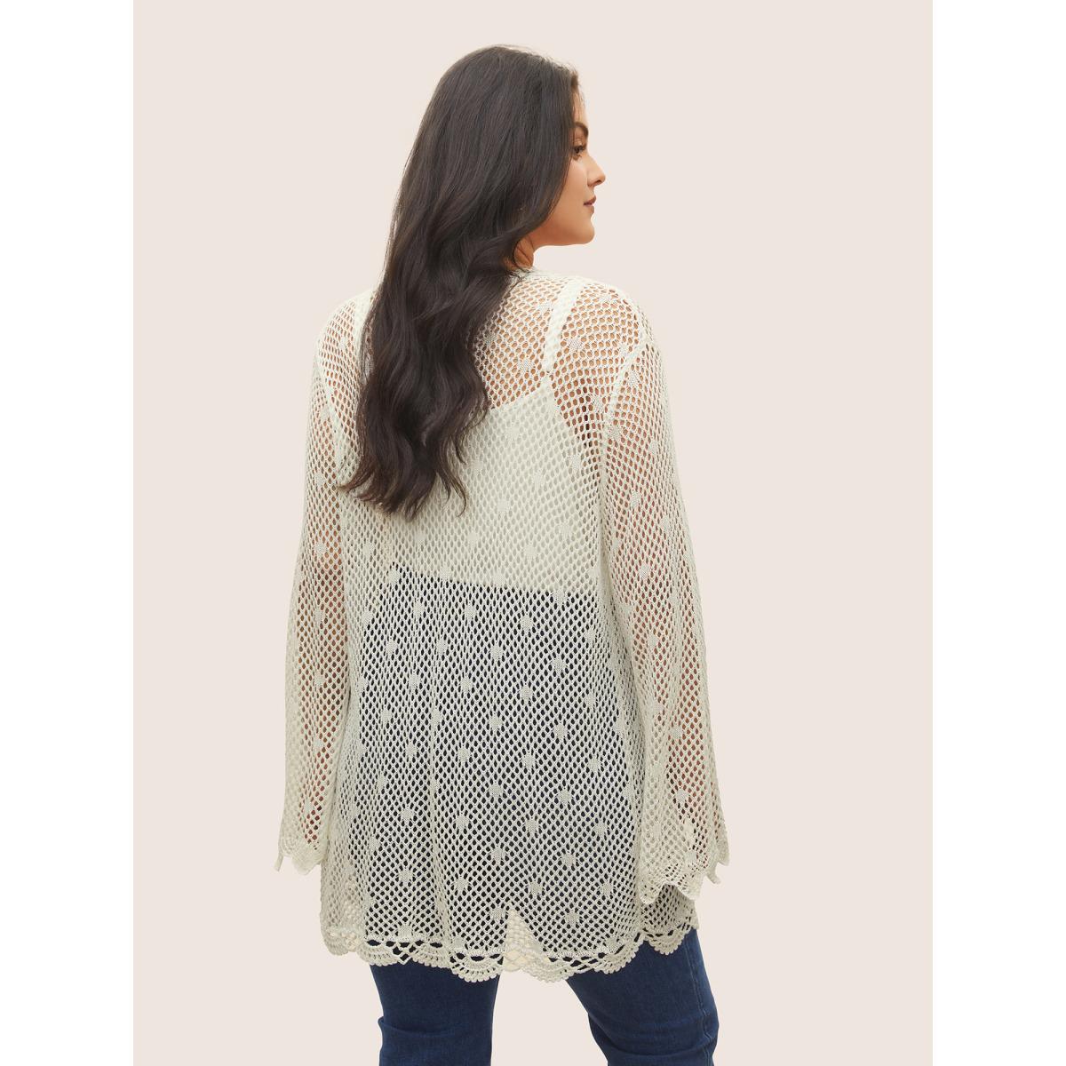 Plus Size Pointelle Knit Ties Lace Panel Bell Sleeve Cardigan Ivory Women Everyday Casual Cover Ups Bloomchic 28/5X Product Image