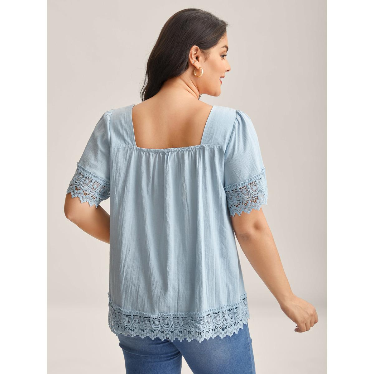 Plus Size LightBlue Lace Trim Spliced Solid Blouse Women Romantic Short sleeve Square Neck Elegant Blouses BloomChic 18-20/2X Product Image
