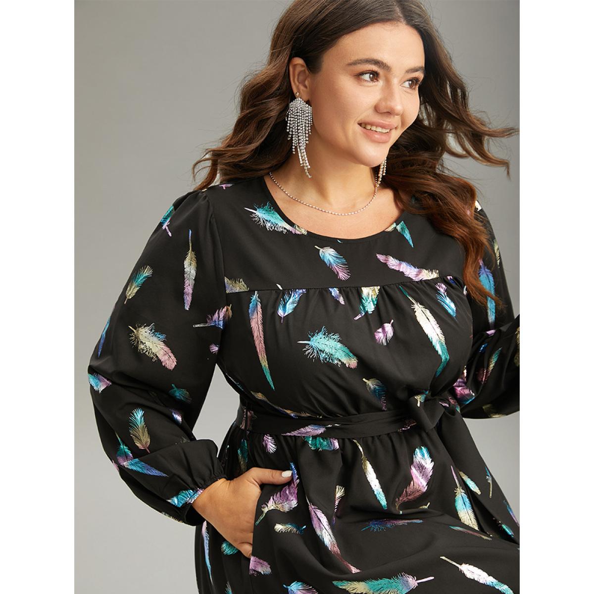 Plus Size Glitter Feather Print Pocket Elastic Waist Dress Black Women Glamour Elastic cuffs Round Neck Long Sleeve Curvy Midi Dress BloomChic 14-16/1X Product Image