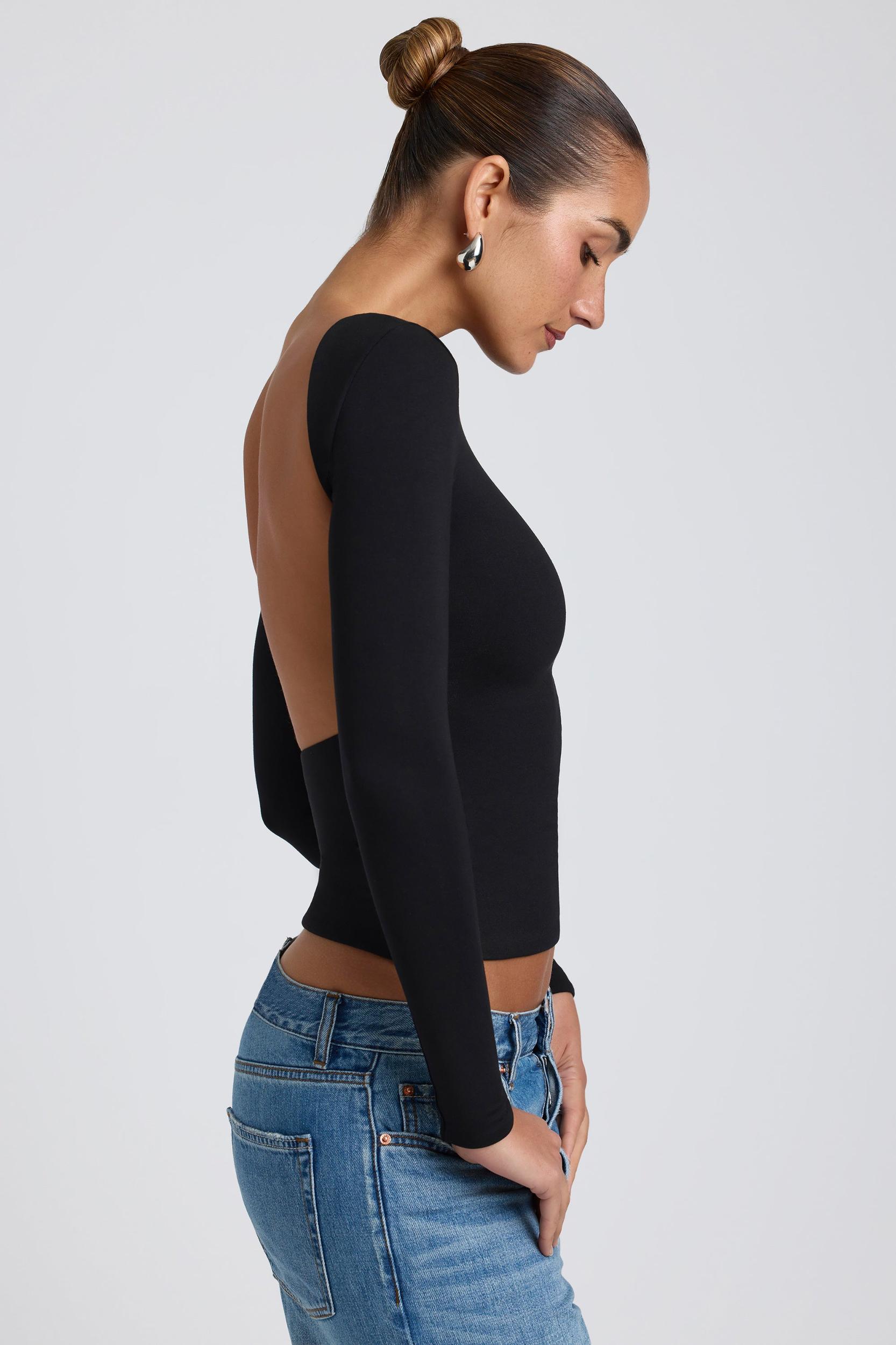 Modal High Neck Long Sleeve Open Back Top in Black Product Image