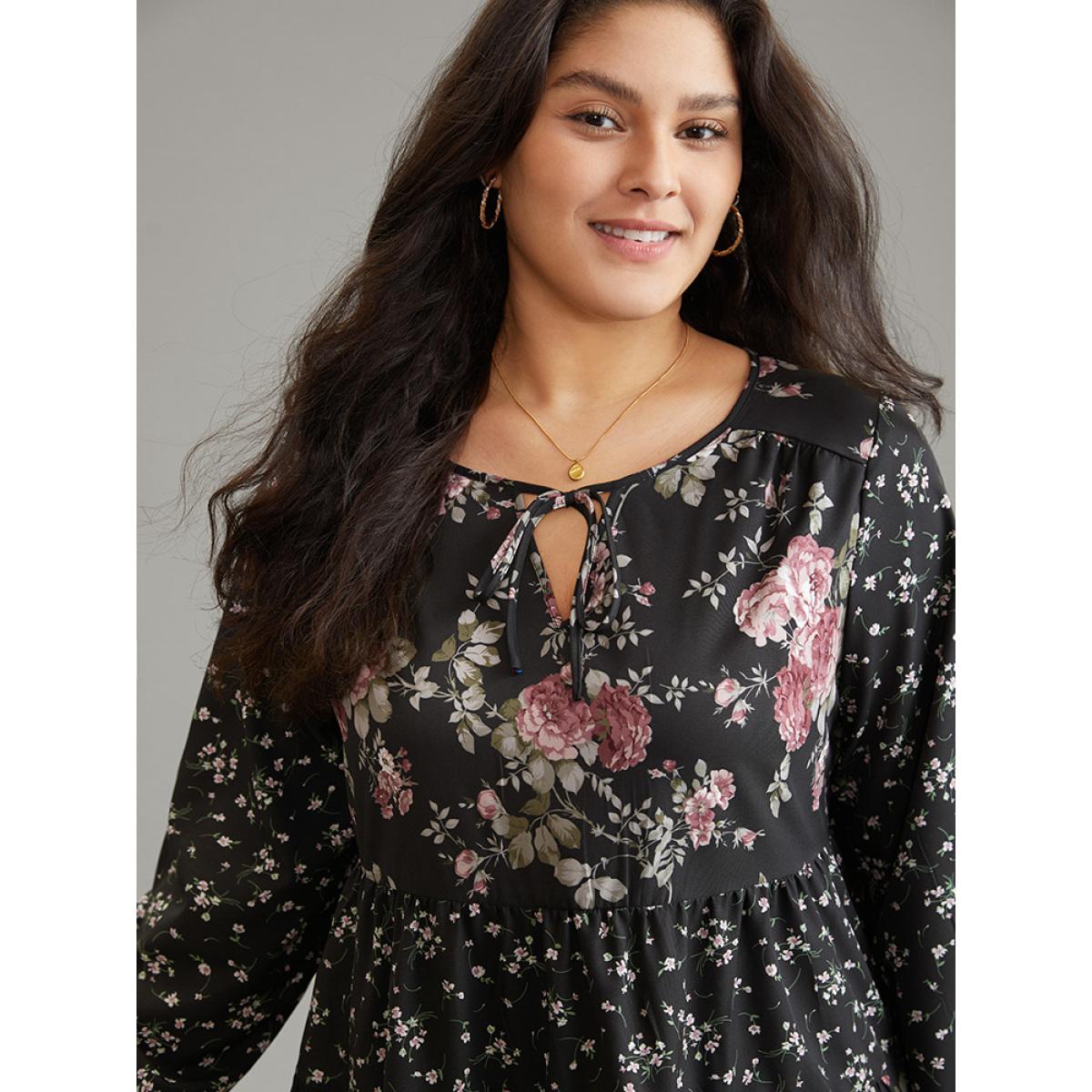 Plus Size Black Floral Knot Neck Lantern Sleeve Ruffle Layered Hem Blouse Women Elegant Long Sleeve Tie Neck Vacation Blouses BloomChic 14-16/1X Product Image