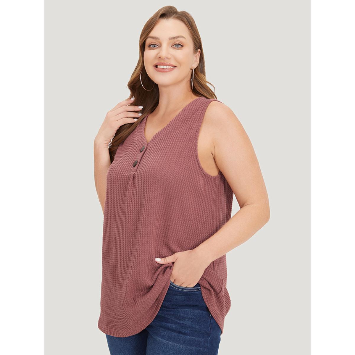 Plus Size Waffle Knit Button Detail Plicated Detail Tank Top Women DustyPink Casual V-neck Dailywear Tank Tops Camis BloomChic 30/6X Product Image
