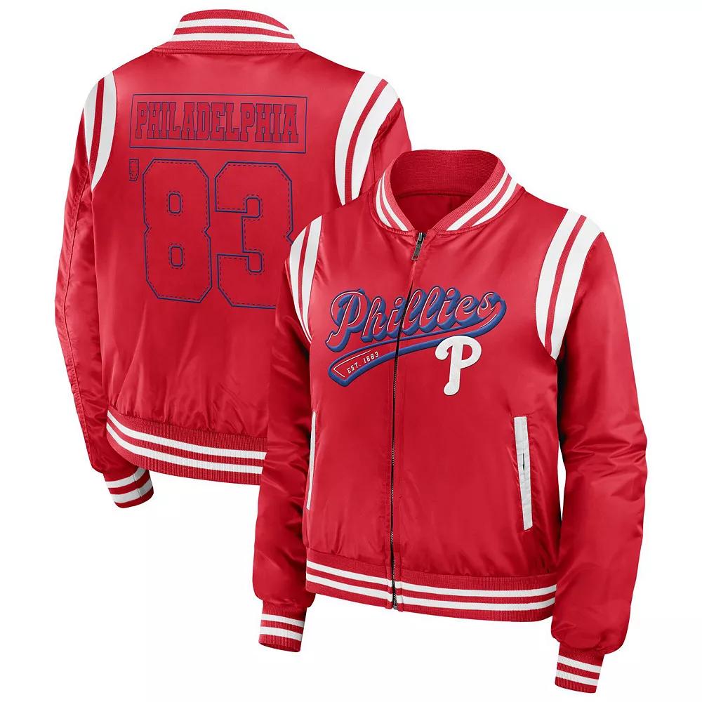 Women's WEAR by Erin Andrews Red Philadelphia Phillies Football Bomber Jacket, Size: Large Product Image