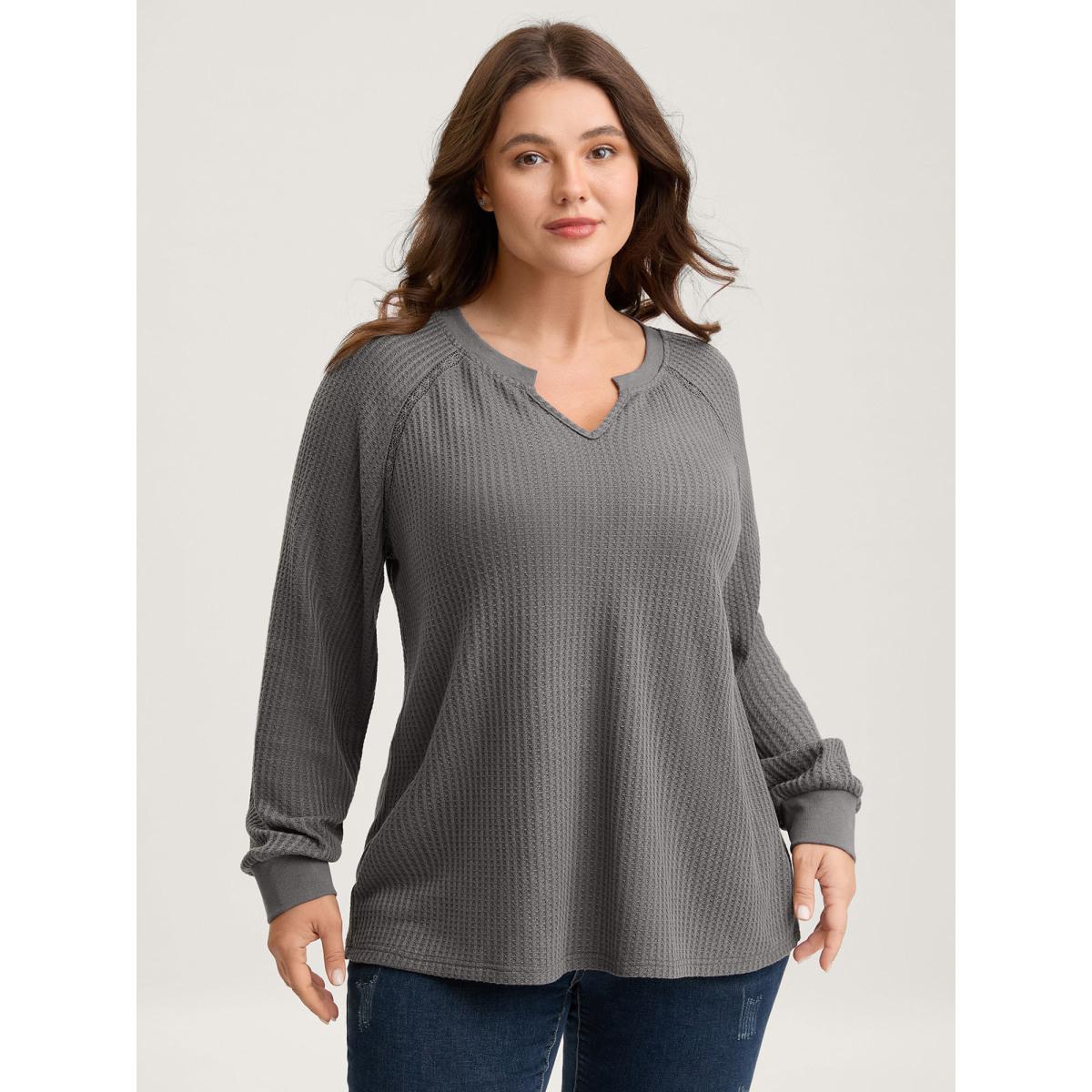 Plus Size Waffle Grid Notched Collar Lace Sweatshirt Women DimGray Leisure Woven ribbon&lace trim Flat collar with V-notch Casual Sweatshirts BloomChic 18-20/2X Product Image