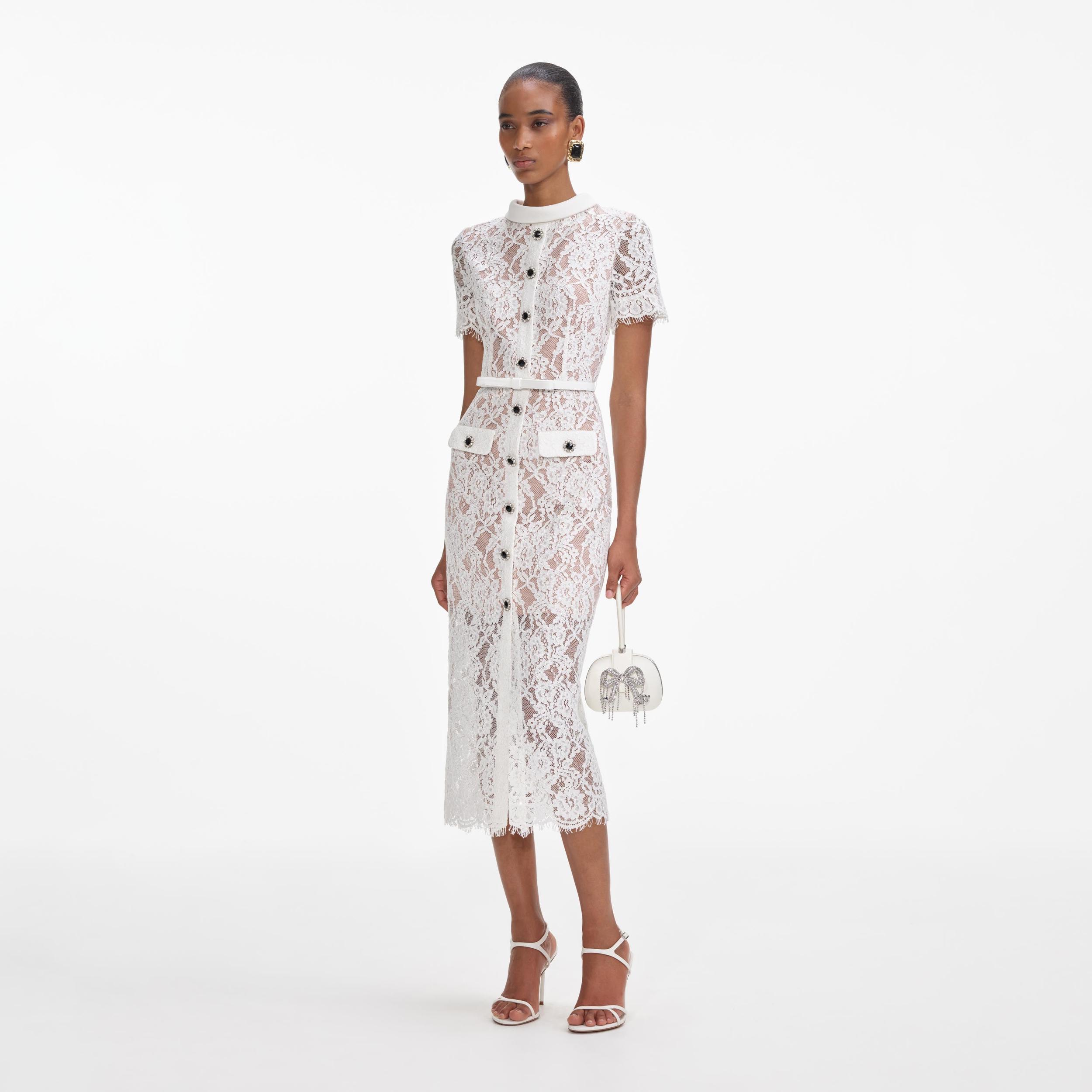 White Lace Button Midi Dress Product Image