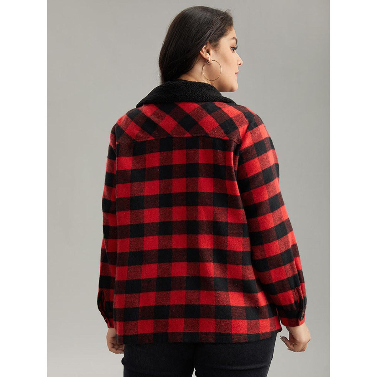 Plus Size Plaid Button Through Patchwork Contrast Shacket Women Red Casual Contrast Ladies Dailywear Winter Coats BloomChic 22-24/3X Product Image