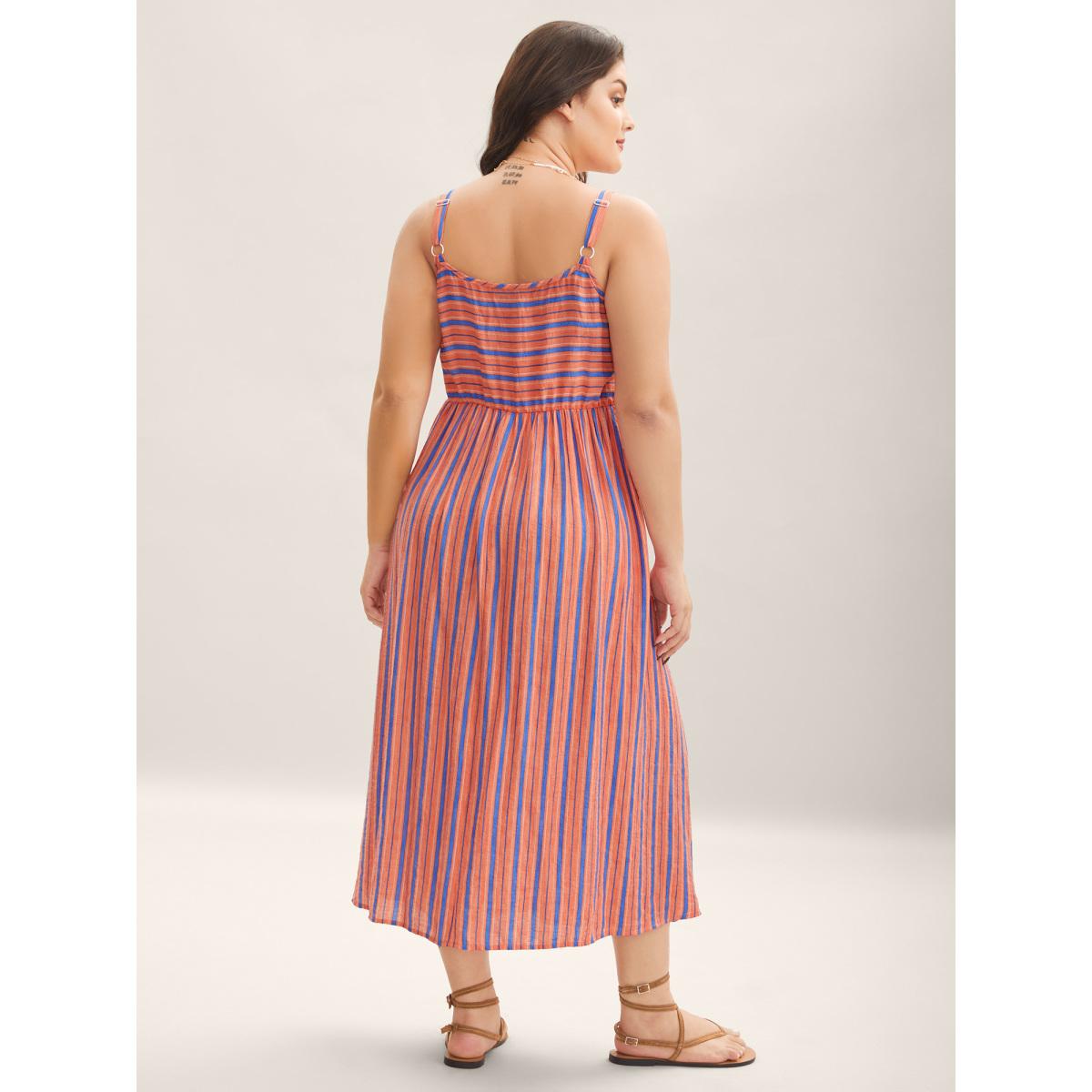 Plus Size Boho Stripes Cami Pockets Midi Dress Coral Women V-neck Sleeveless Curvy BloomChic 22-24/3X Product Image
