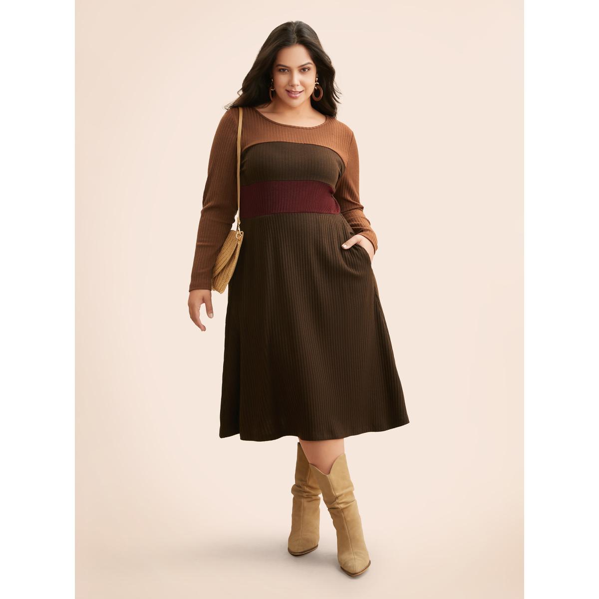 Plus Size Colorblock Contrast Textured Pocket Dress Browncoffeecolor Women Casual Texture Round Neck Long Sleeve Curvy BloomChic 18-20/2X Product Image