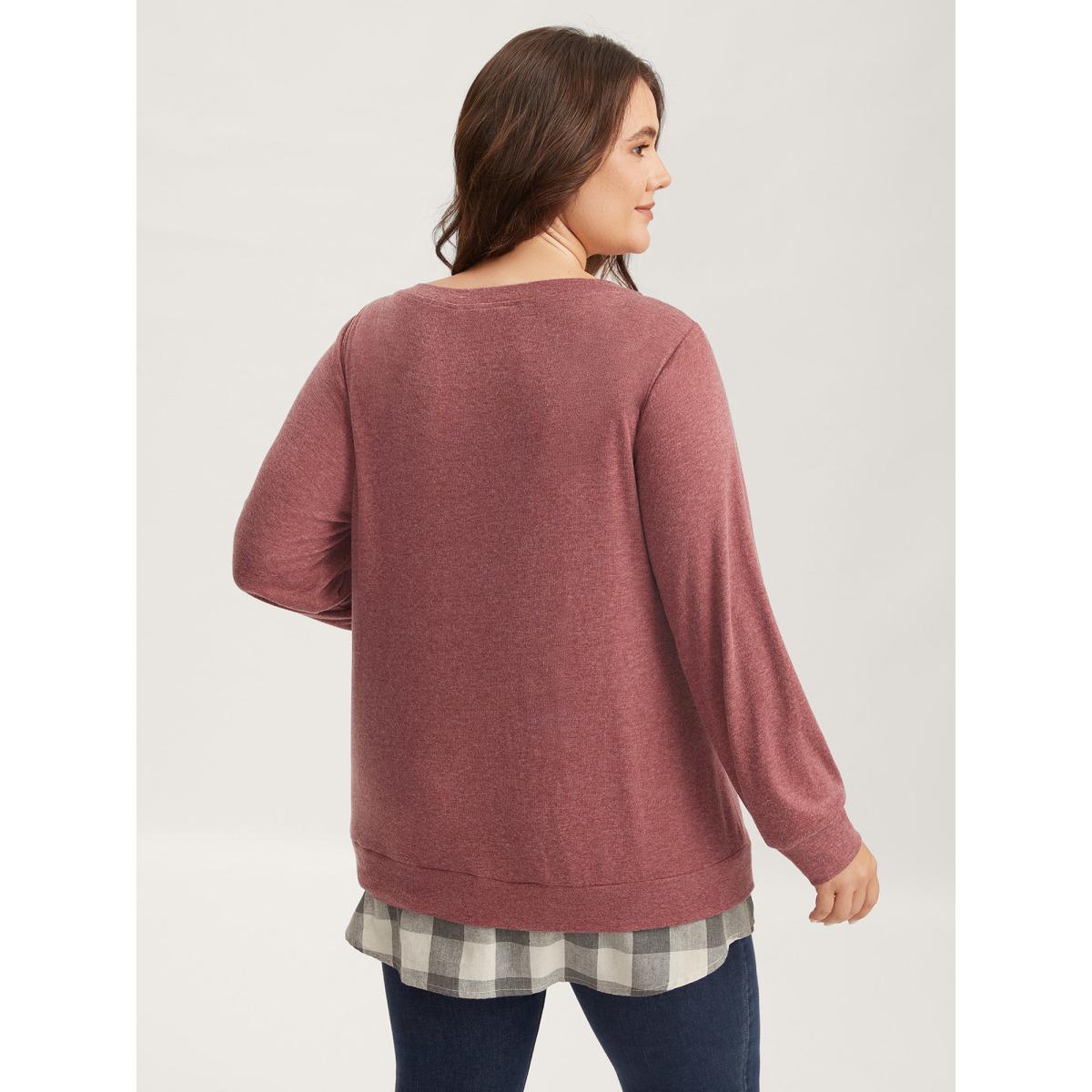 Plus Size Heather Plaid Patchwork Crew Neck T-shirt Russet Women Leisure Heather Plaid Round Neck Casual T-shirts BloomChic 22-24/3X Product Image