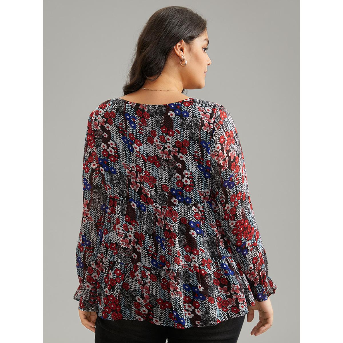 Plus Size Black Floral Ruffles Elastic Waist Lantern Sleeve Chiffon Blouse Women Elegant Long Sleeve Round Neck Everyday Blouses BloomChic 30/6X Product Image