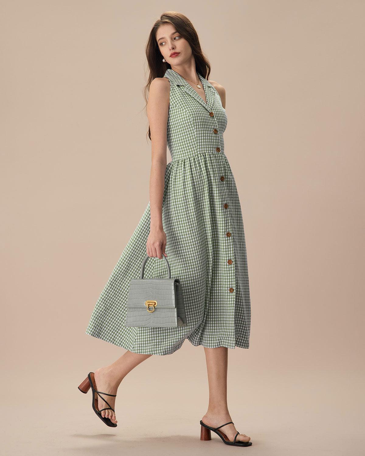 The Green Lapel Plaid Sleeveless Shirt Midi Dress Product Image