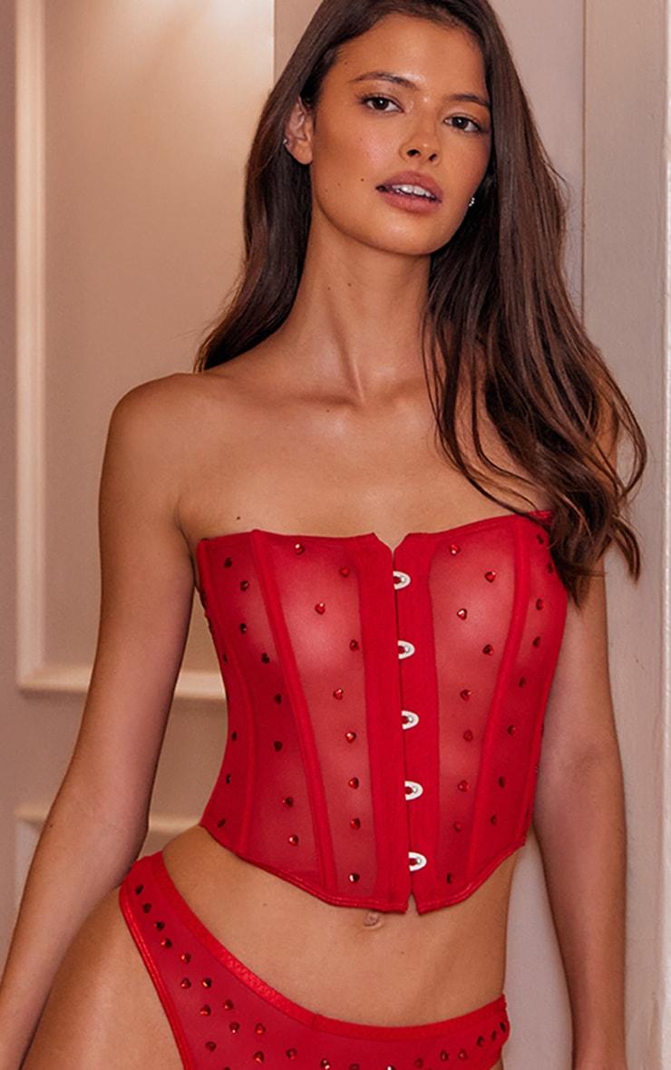 Red Mesh Diamante Heart Thong Product Image