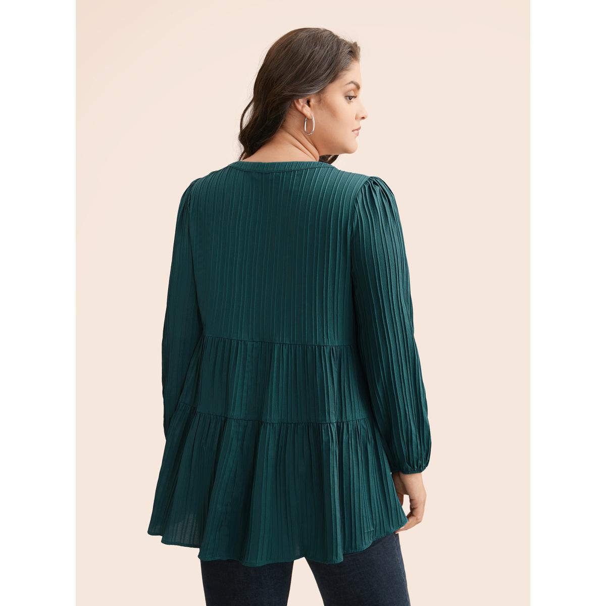 Plus Size Cyan Textured Keyhole Pocket Lantern Sleeve Blouse Women Elegant Long Sleeve Flat collar Everyday Blouses BloomChic 14-16/1X Product Image